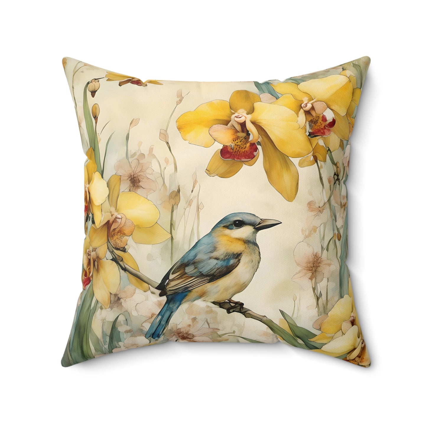 Square Pillow - Yellow Bird Sitting on a Bush - Pastel Tones - Fairyhill Studio Art