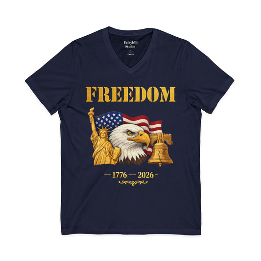Freedom 1776–2026 Patriotic V-Neck Tee — Eagle, Flag & Liberty Bell 250th Anniversary