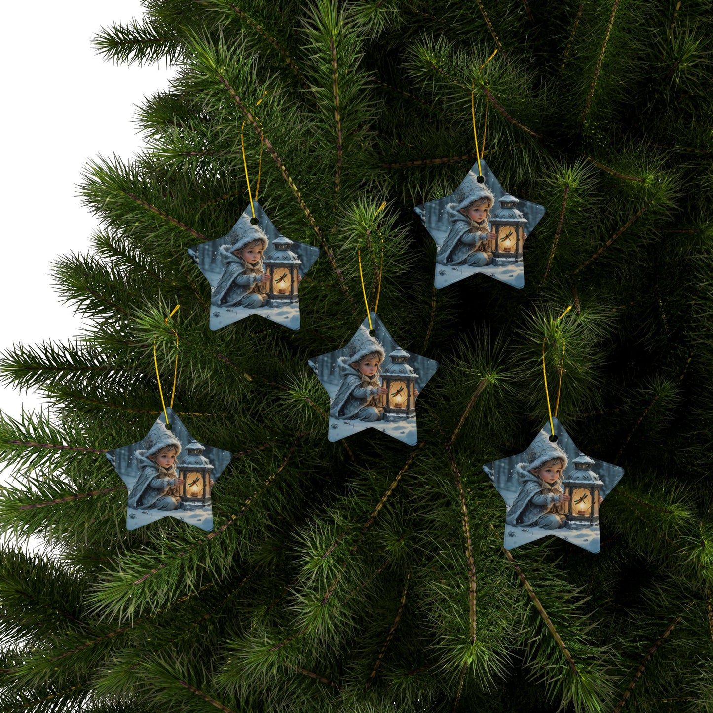 Ceramic Ornaments - Magical Holiday Elf with Dragonfly Lantern Art