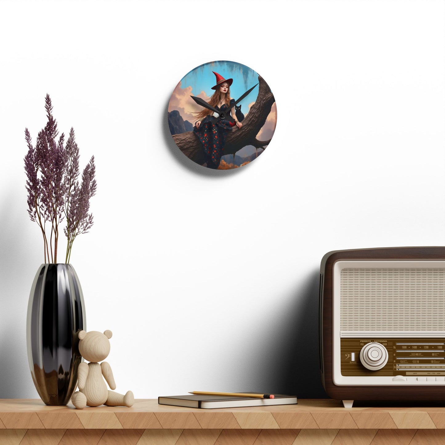 Elegant witch with black cat Wall clock  Gift   Acrylic Wall Clock