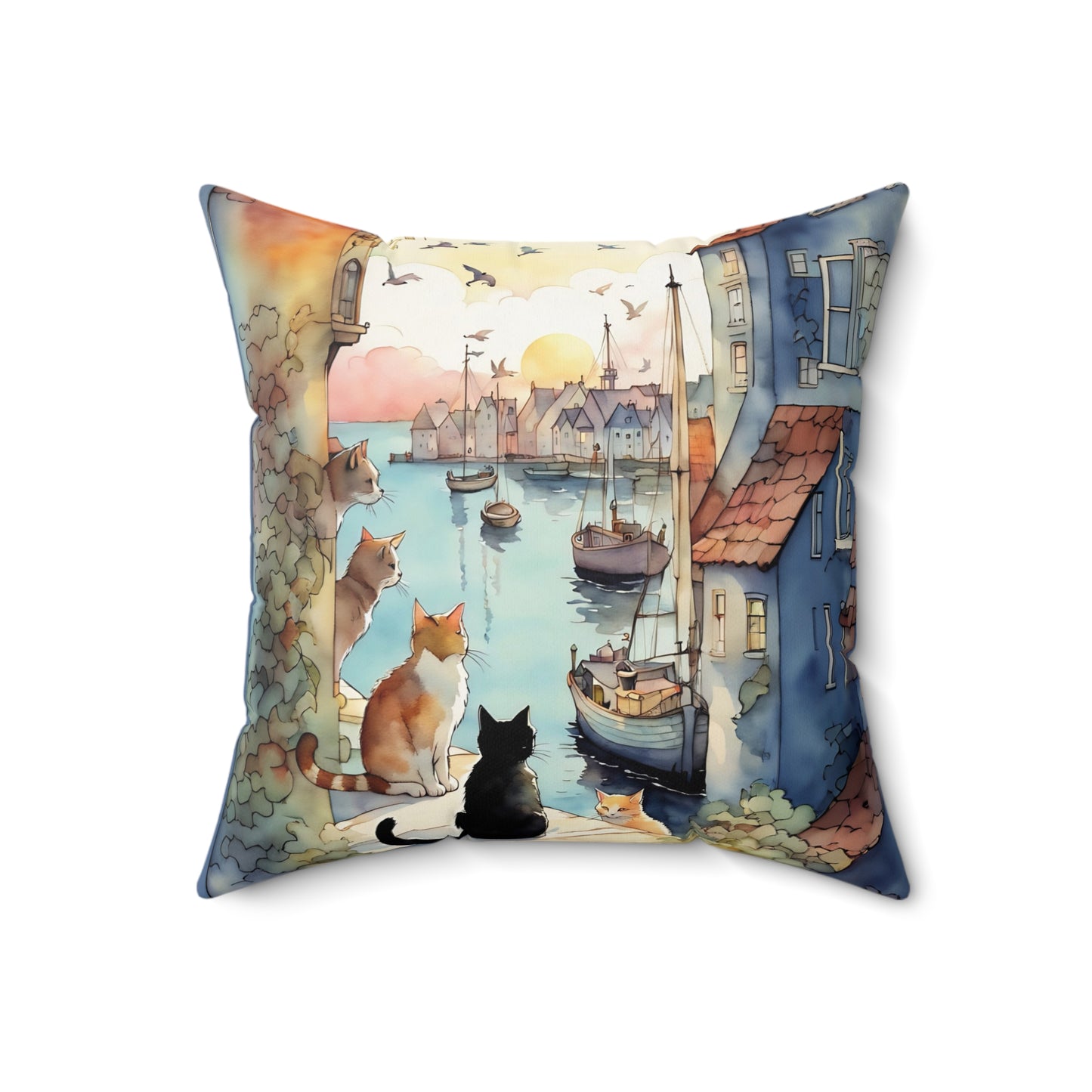 Cats by the Sea Square Pillow - by Fairyhill Studio