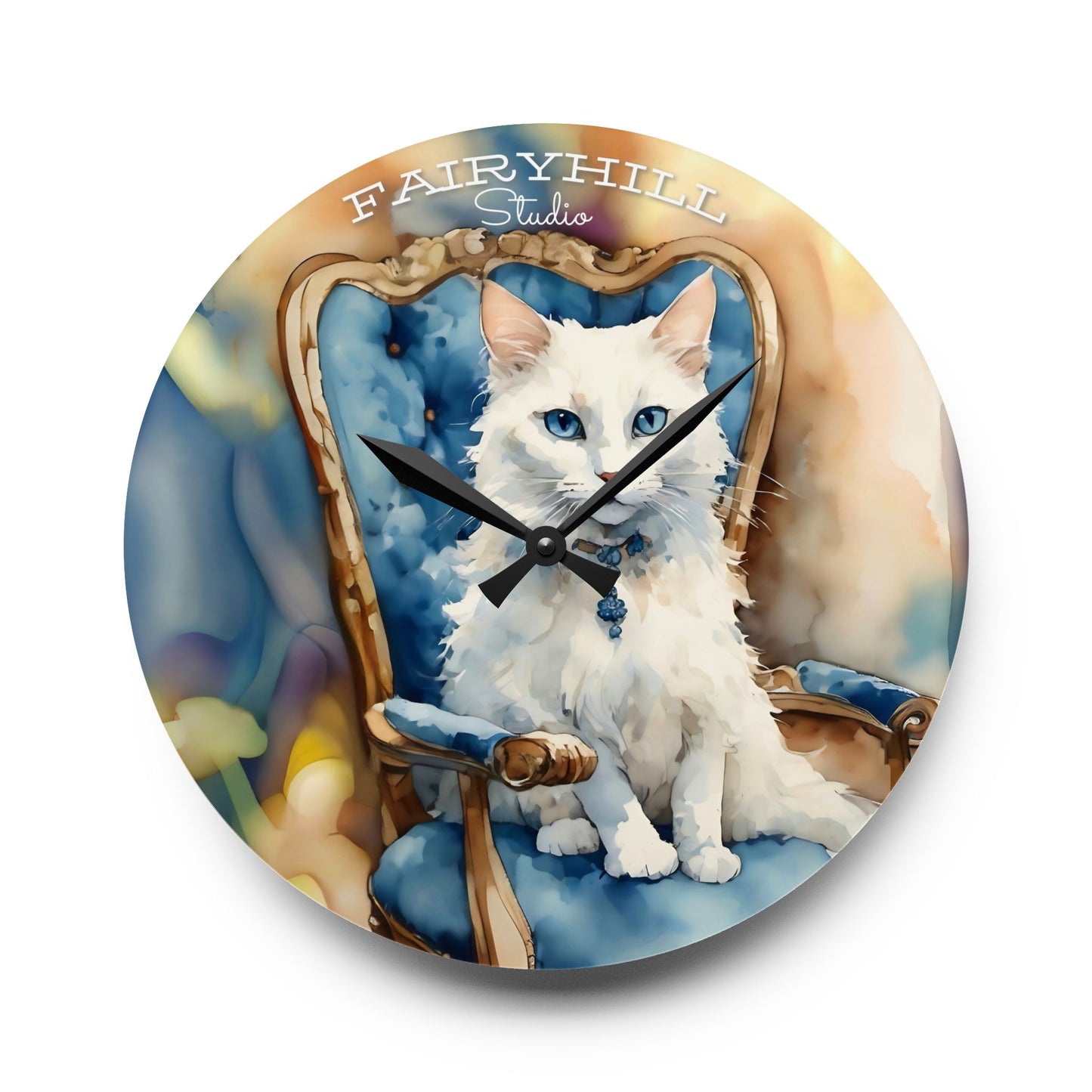 Acrylic Wall Clock - Adorable White Cat with Blue Eyes - Cat Lovers Art by FairyHill Studio
