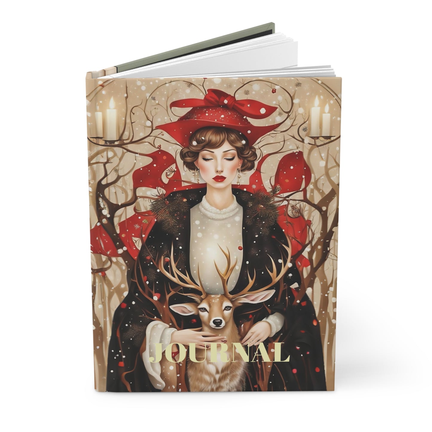 Hardcover Journal Girl with snow Deer in winter