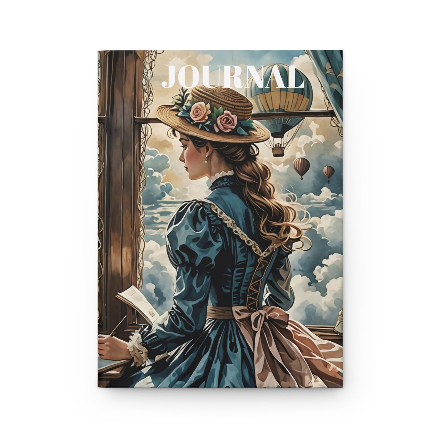 Hardcover Journal  Victorian girl watching the hot air balloons Art