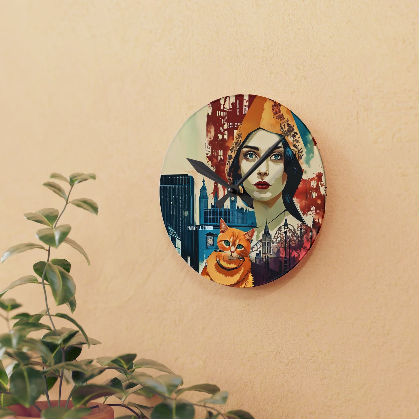 Acrylic Wall Clock - Yellow cat in London /Art