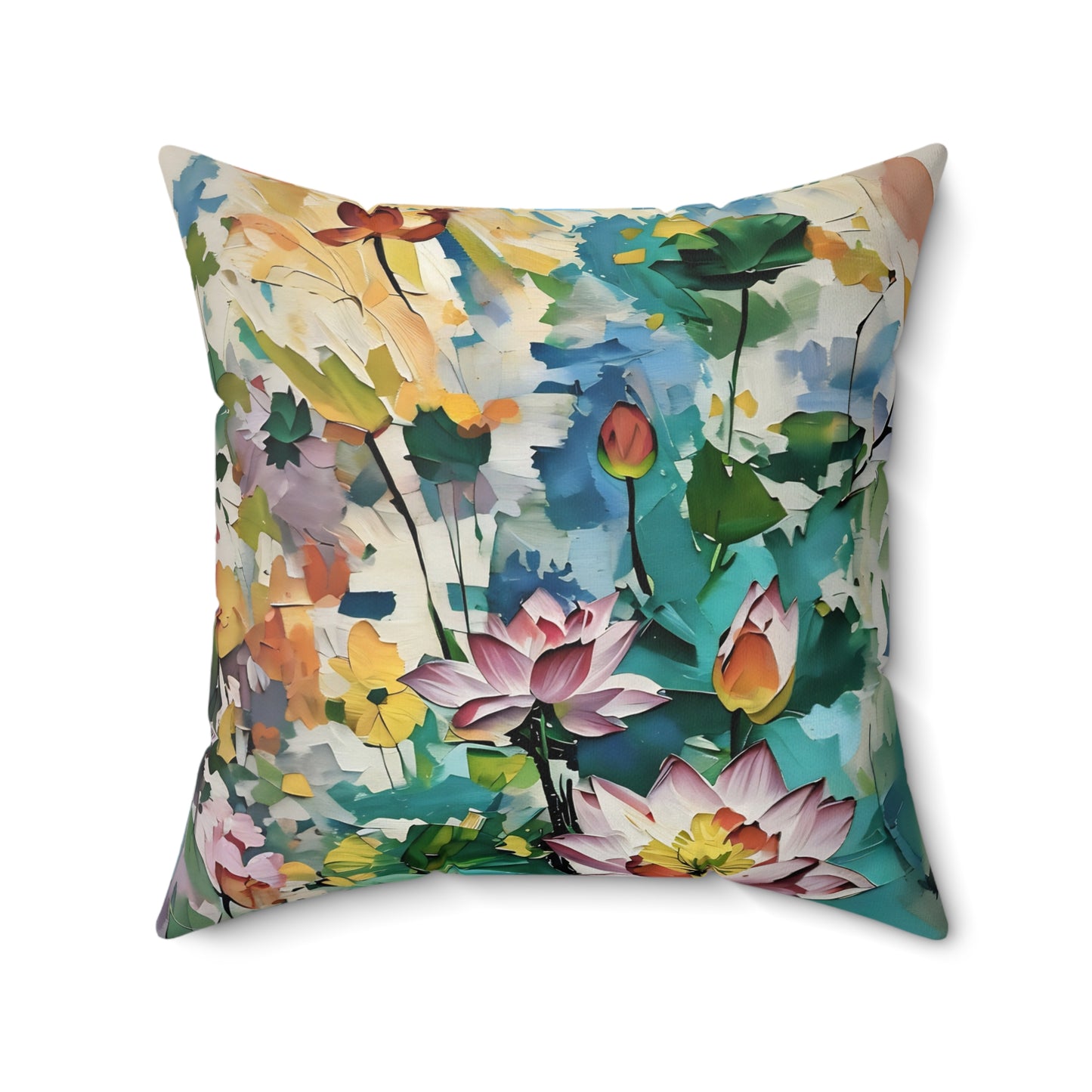 Square Pillow Monet Style Lotus Flowers Art by Fairyhill Studio