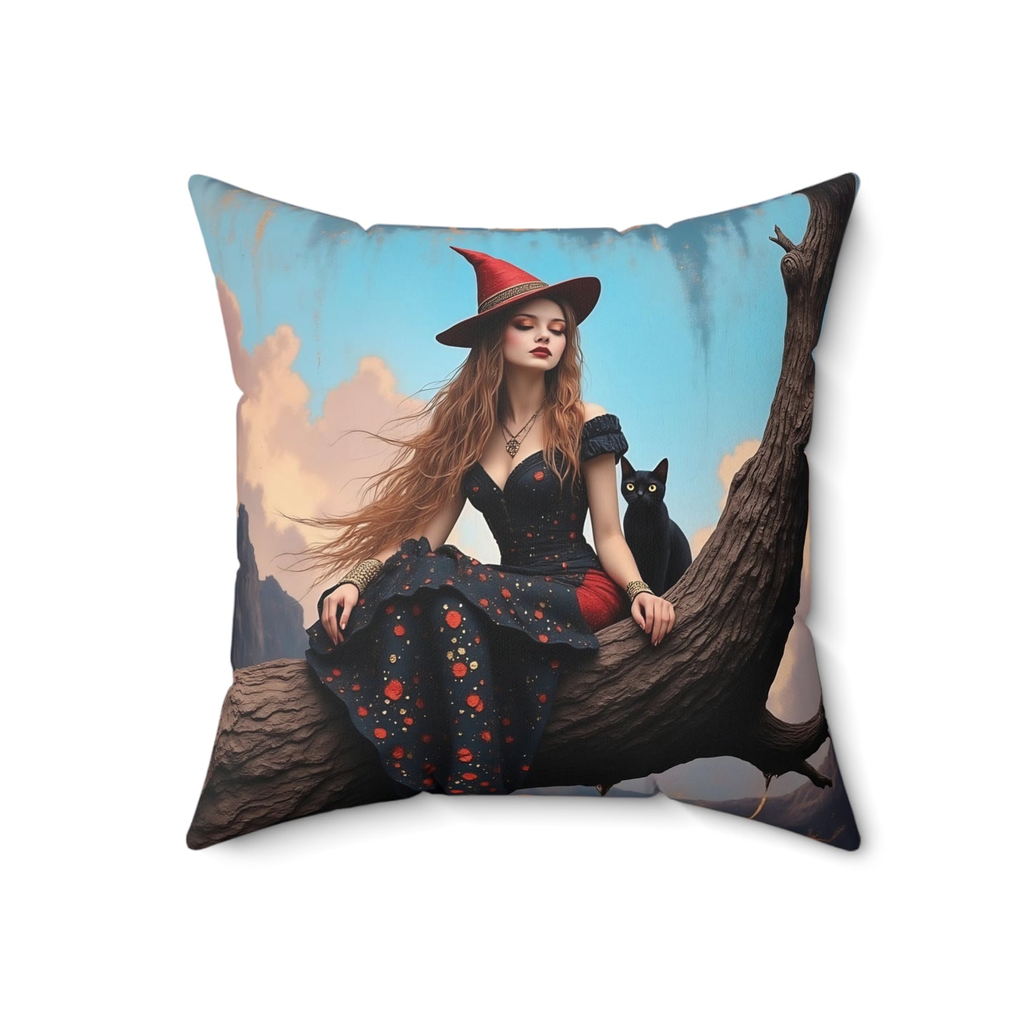 Elegant witch with black cat   Square Pillow - by Fairyhill Studio
