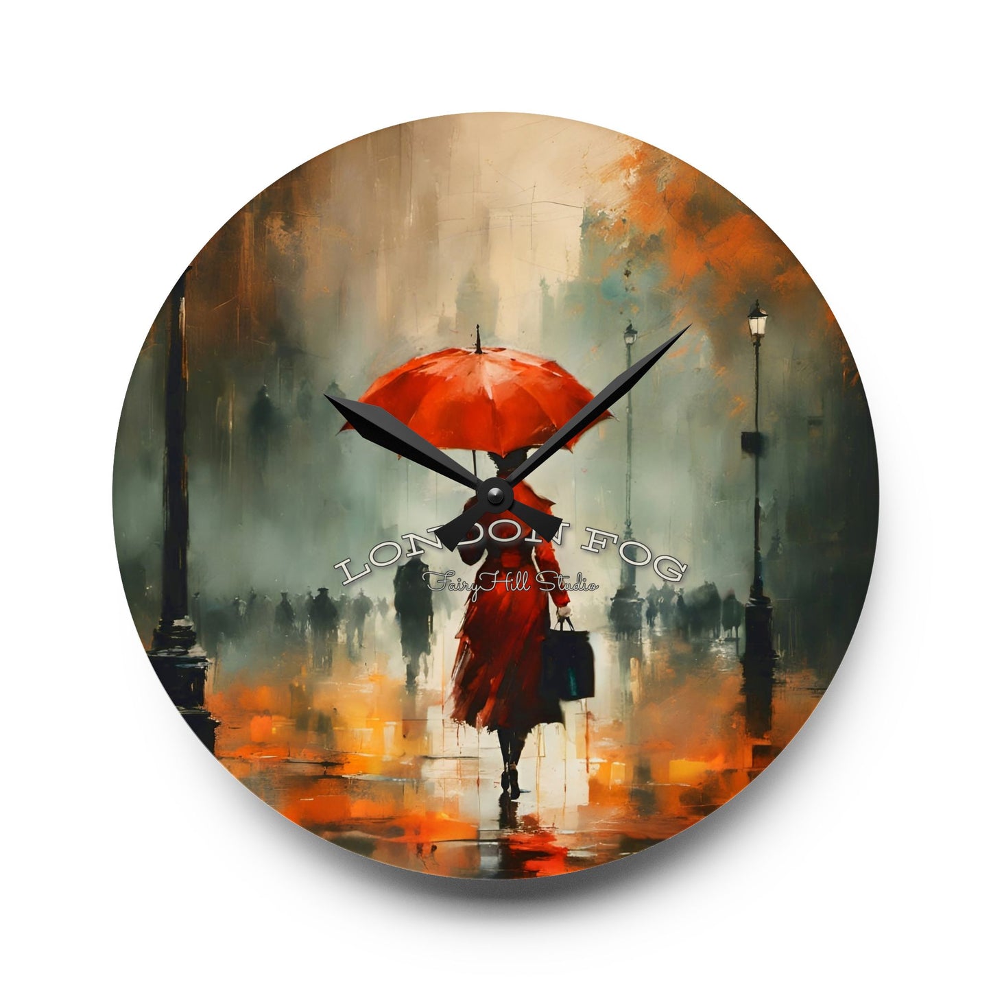 Wall Clock - Elegant Woman in Red Raincoat and Umbrella London Fog Art by Fairyhill Studio