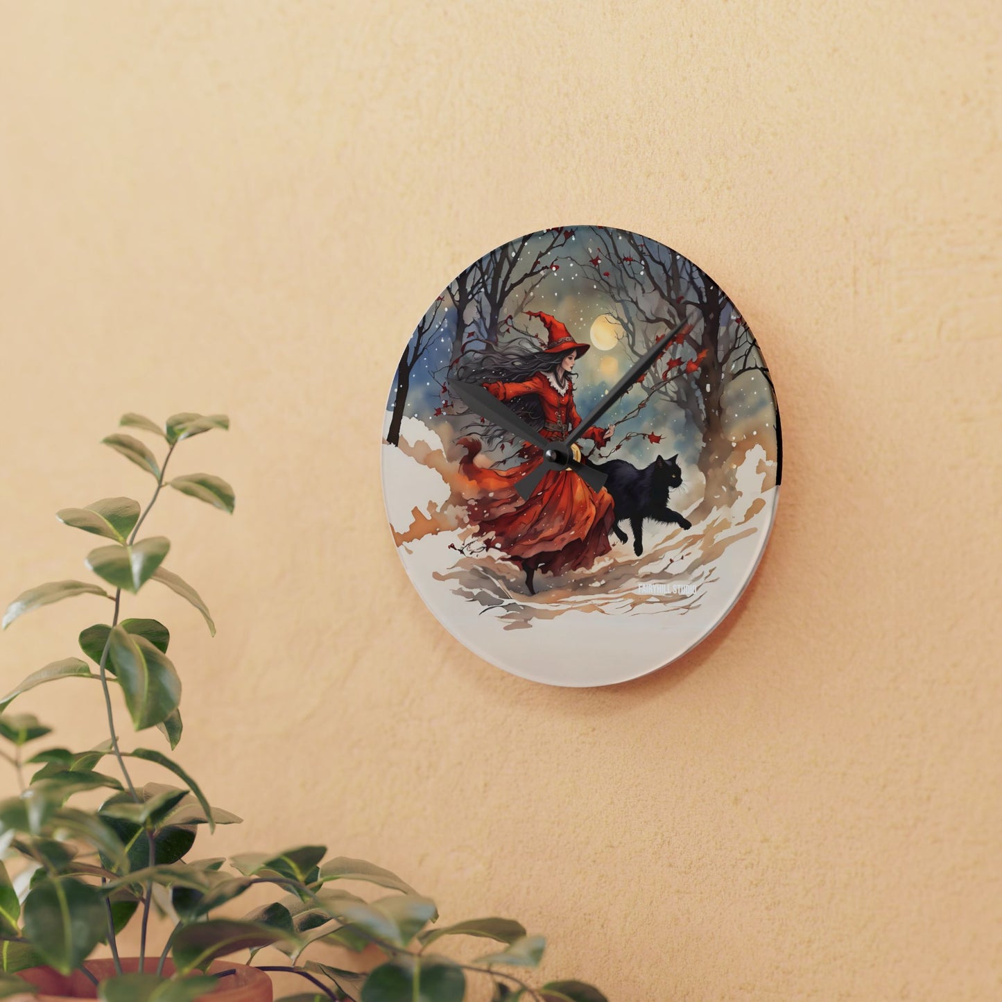 Acrylic Wall ClockThe  Crimson Witch  and  black cat /Art