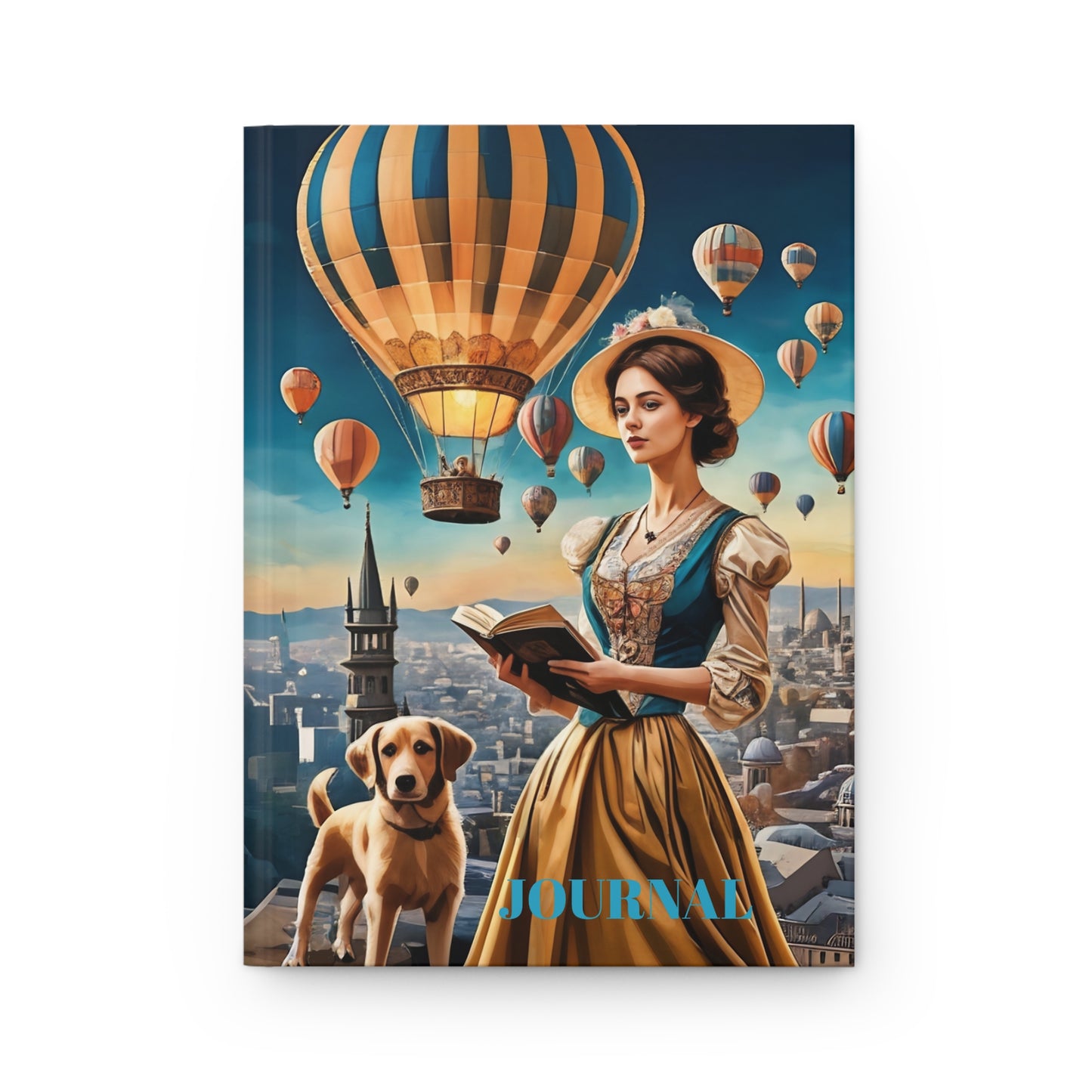 Hardcover Journal Matte - Hot Air Balloons and Victorian Girl Reading Book Design