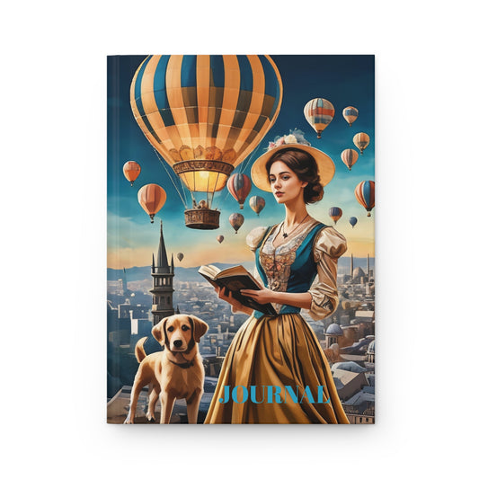 Hardcover Journal Matte - Hot Air Balloons and Victorian Girl Reading Book Design