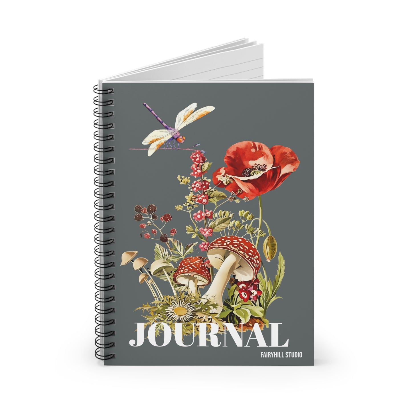Spiral Notebook -Poppies mushrooms ,wild flowers and a Dragonfly