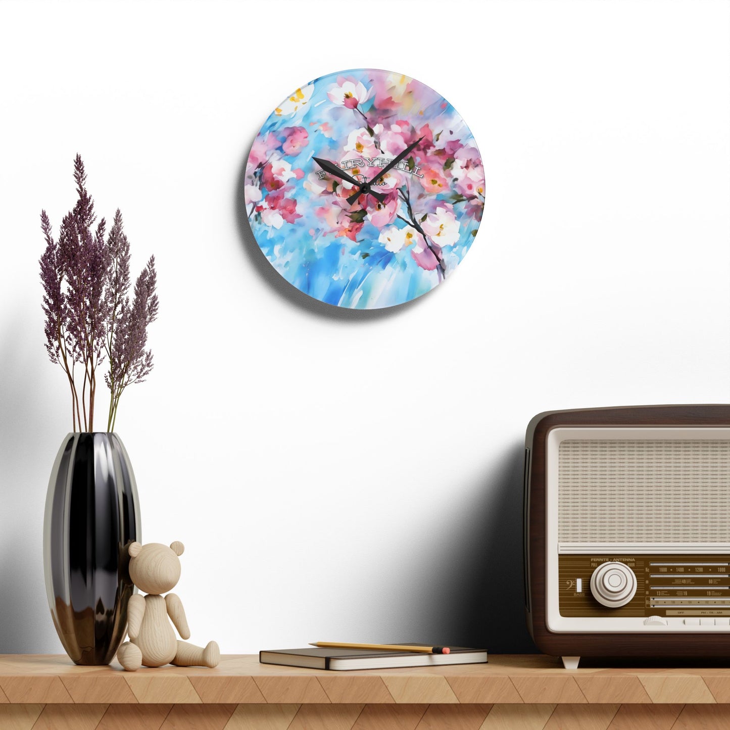 Wall Clock - Cherry Flowers Pink and White on Sky Blue Background by Fairyhill Studio
