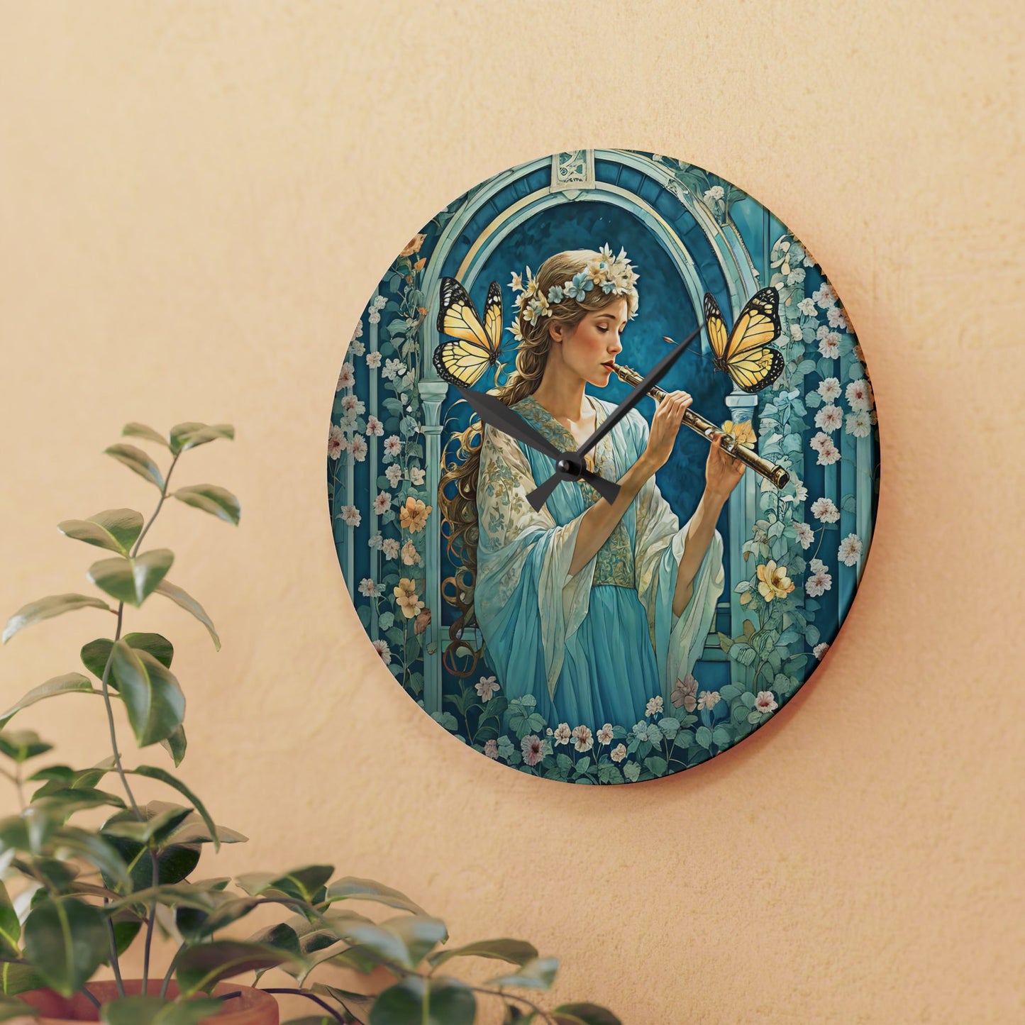 Butterfly / Flute player Acrylic Wall Clock