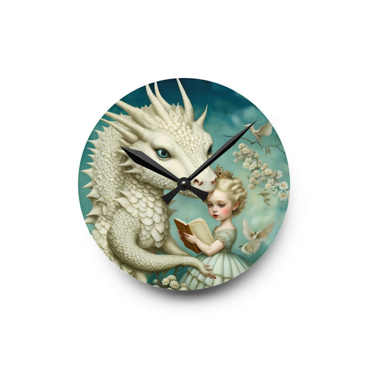 Acrylic Wall Clock Girl with a White Dragon Art
