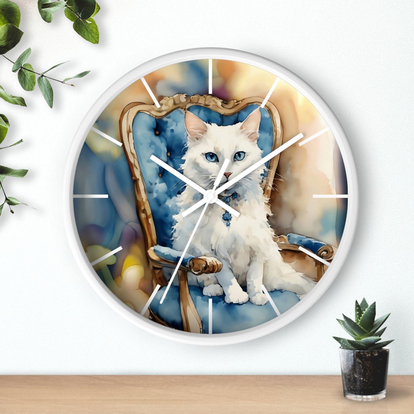 Wall Clock - White Cat with Blue Eyes Art by Fairy Hill Studio