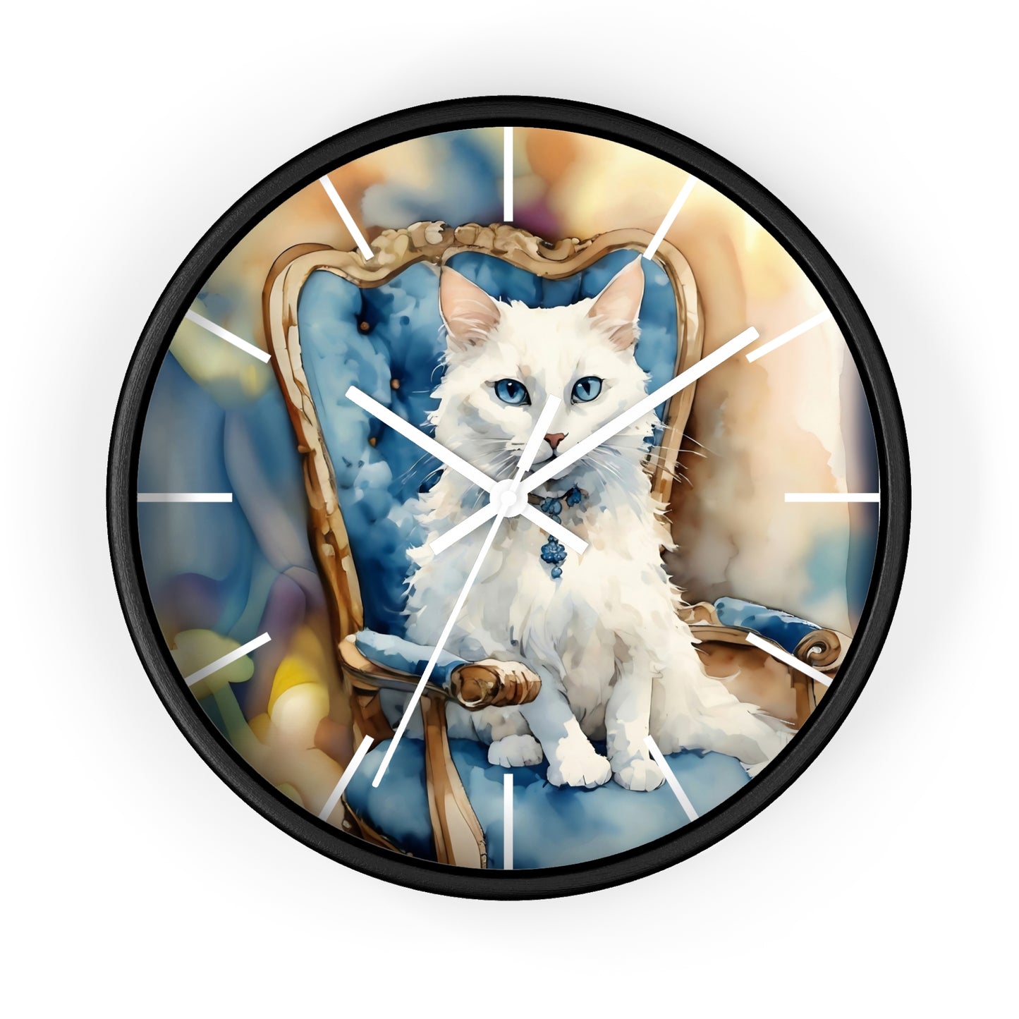Wall Clock - White Cat with Blue Eyes Art by Fairy Hill Studio
