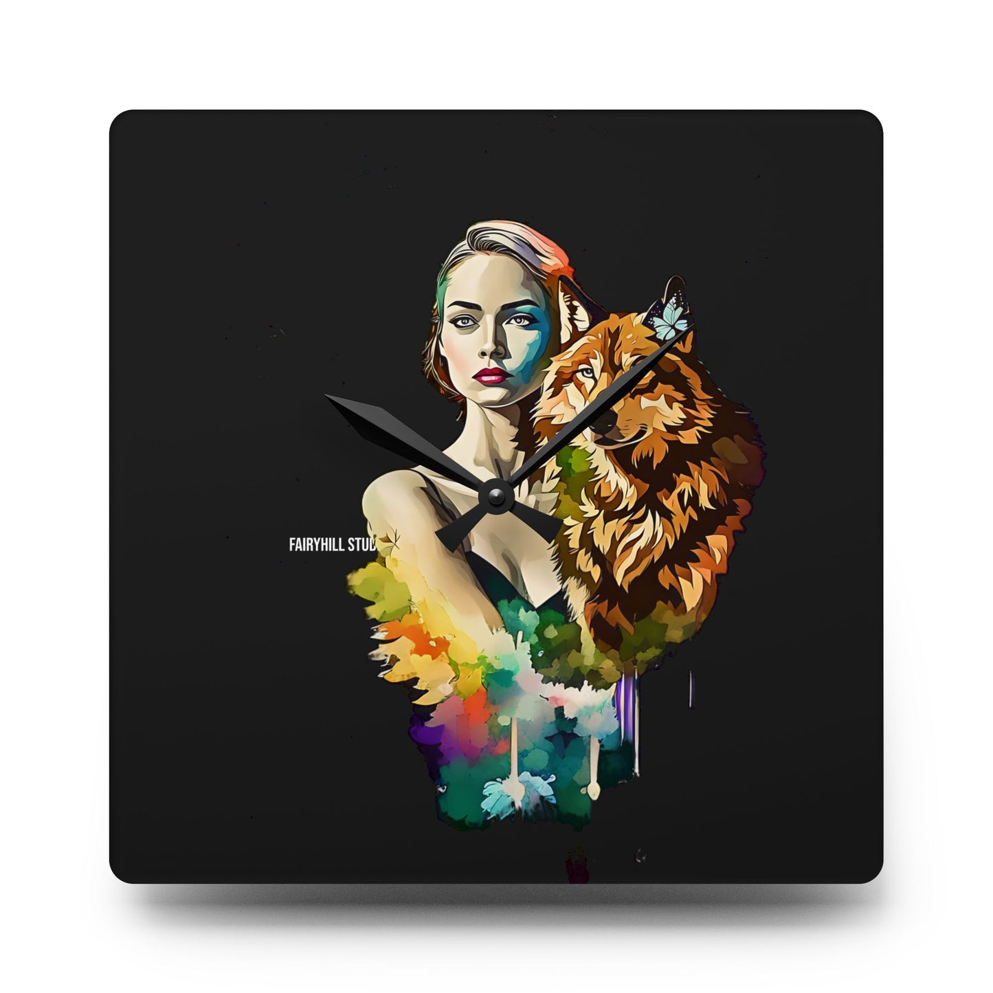 Acrylic Wall Clock -Girl with Spirit Animal Wolf/Art
