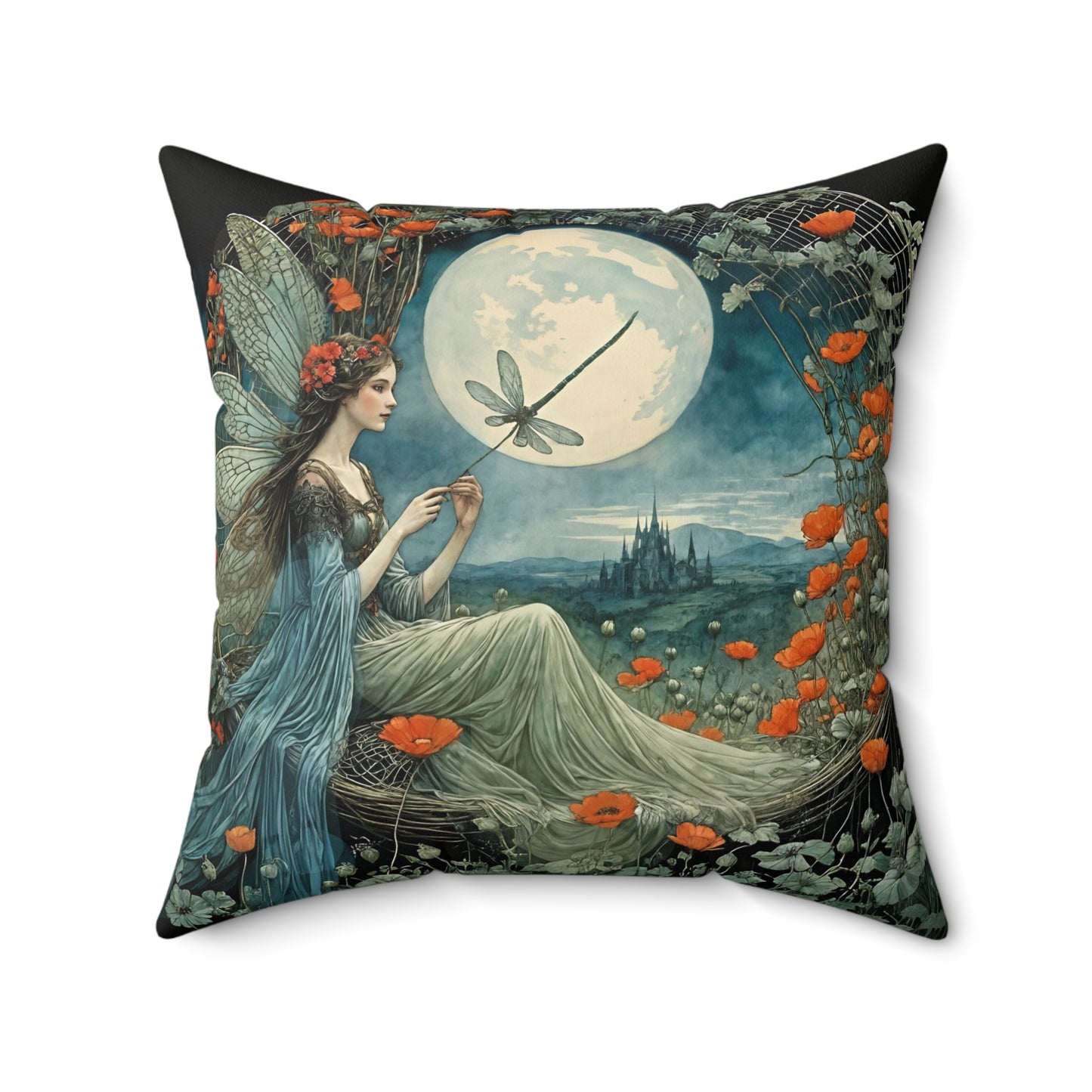 Dragonfly Moon Fairy  Mindfulnes Square Pillow -  by Fairyhill Studio