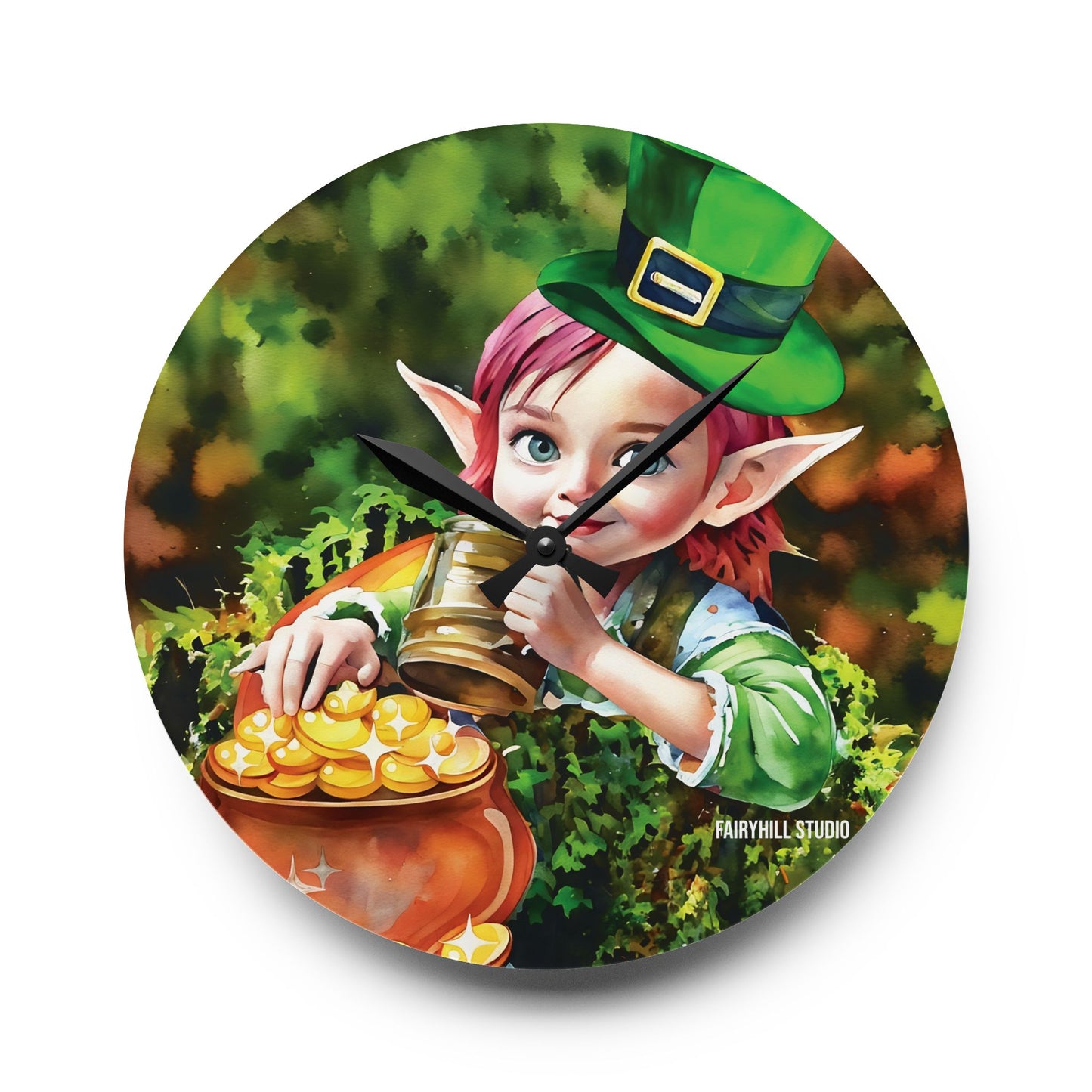 Acrylic Wall Clock Irish Elf with pot of gold/Art