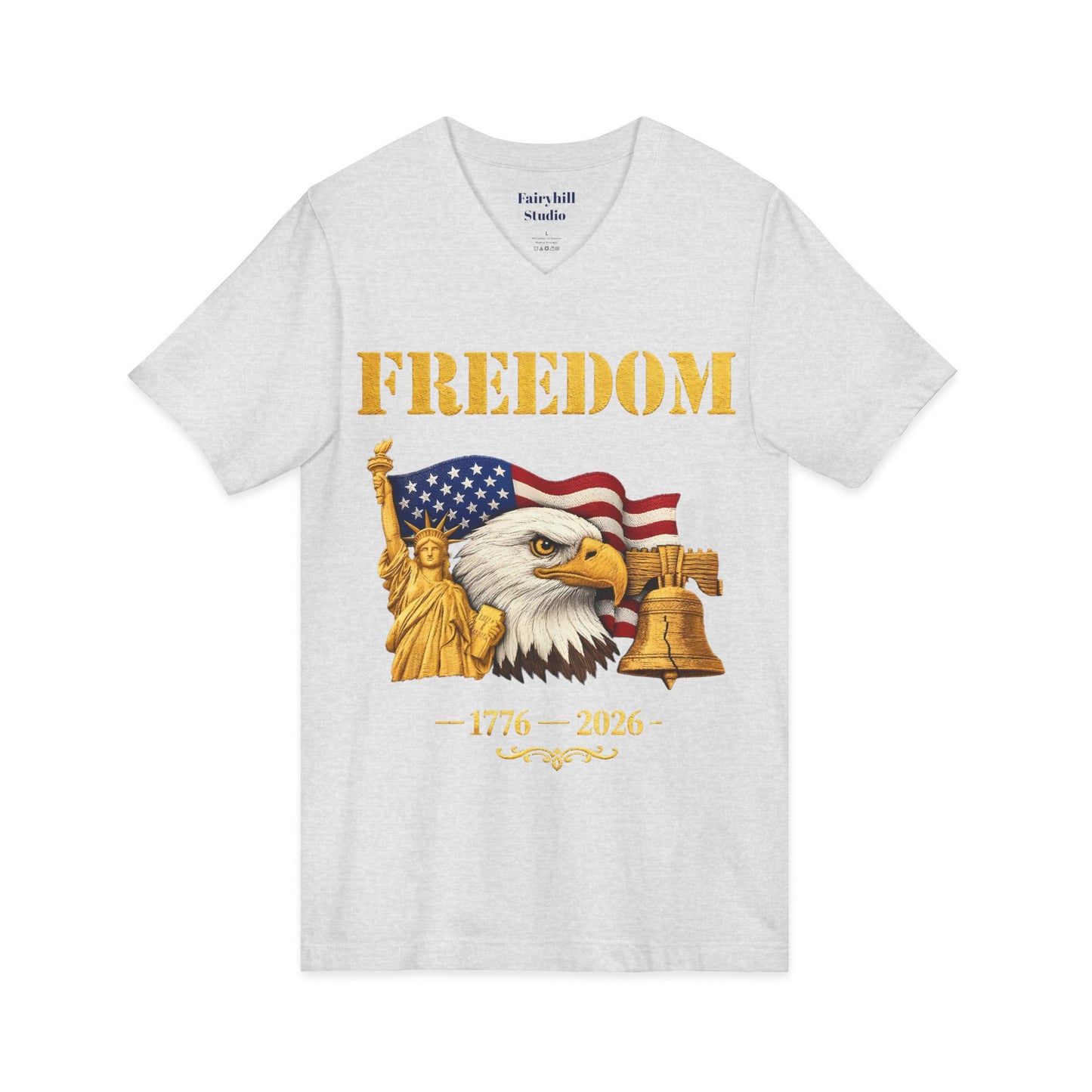 Freedom 1776–2026 Patriotic V-Neck Tee — Eagle, Flag & Liberty Bell 250th Anniversary