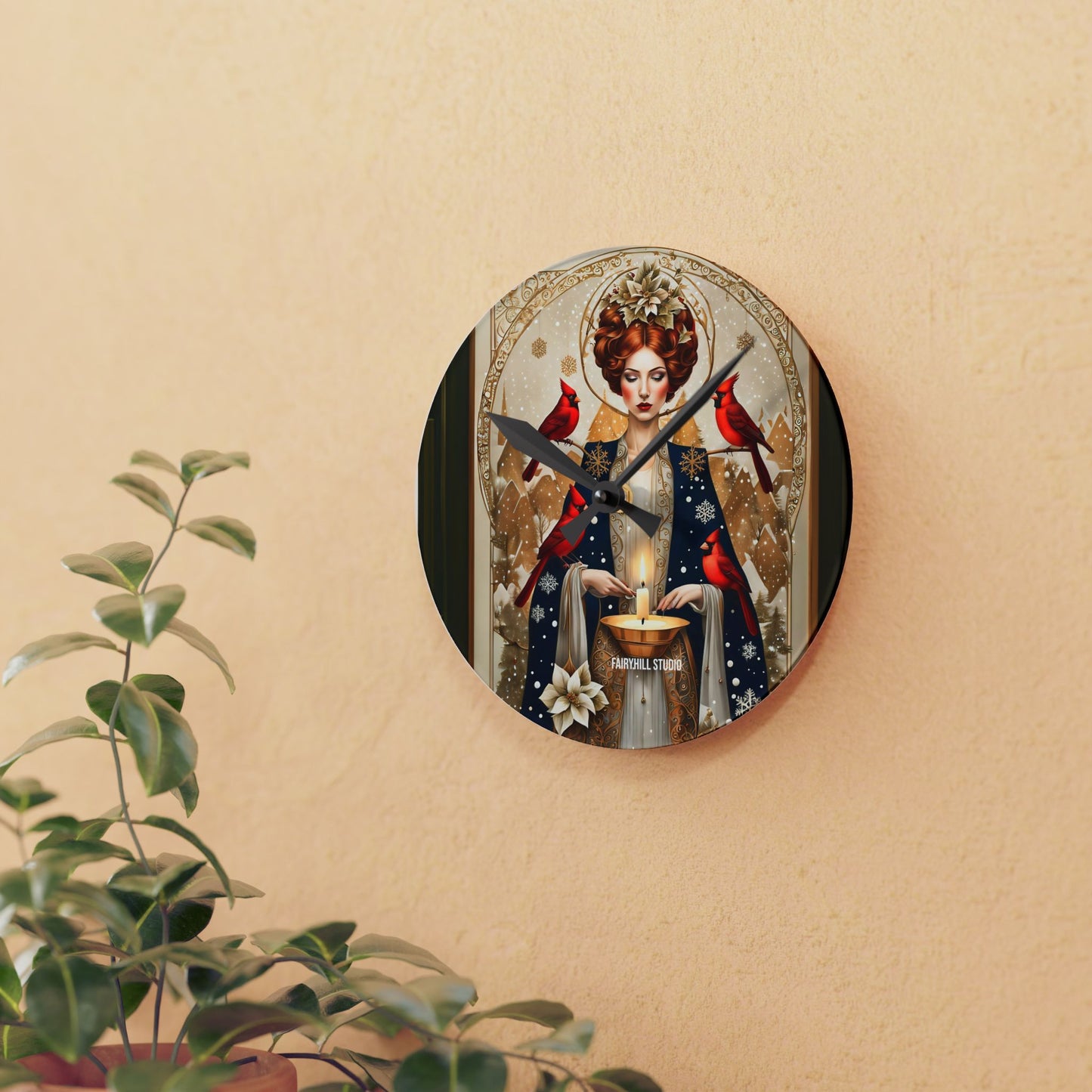 Acrylic Wall Clock - Girl with red Cardinal birds in winter