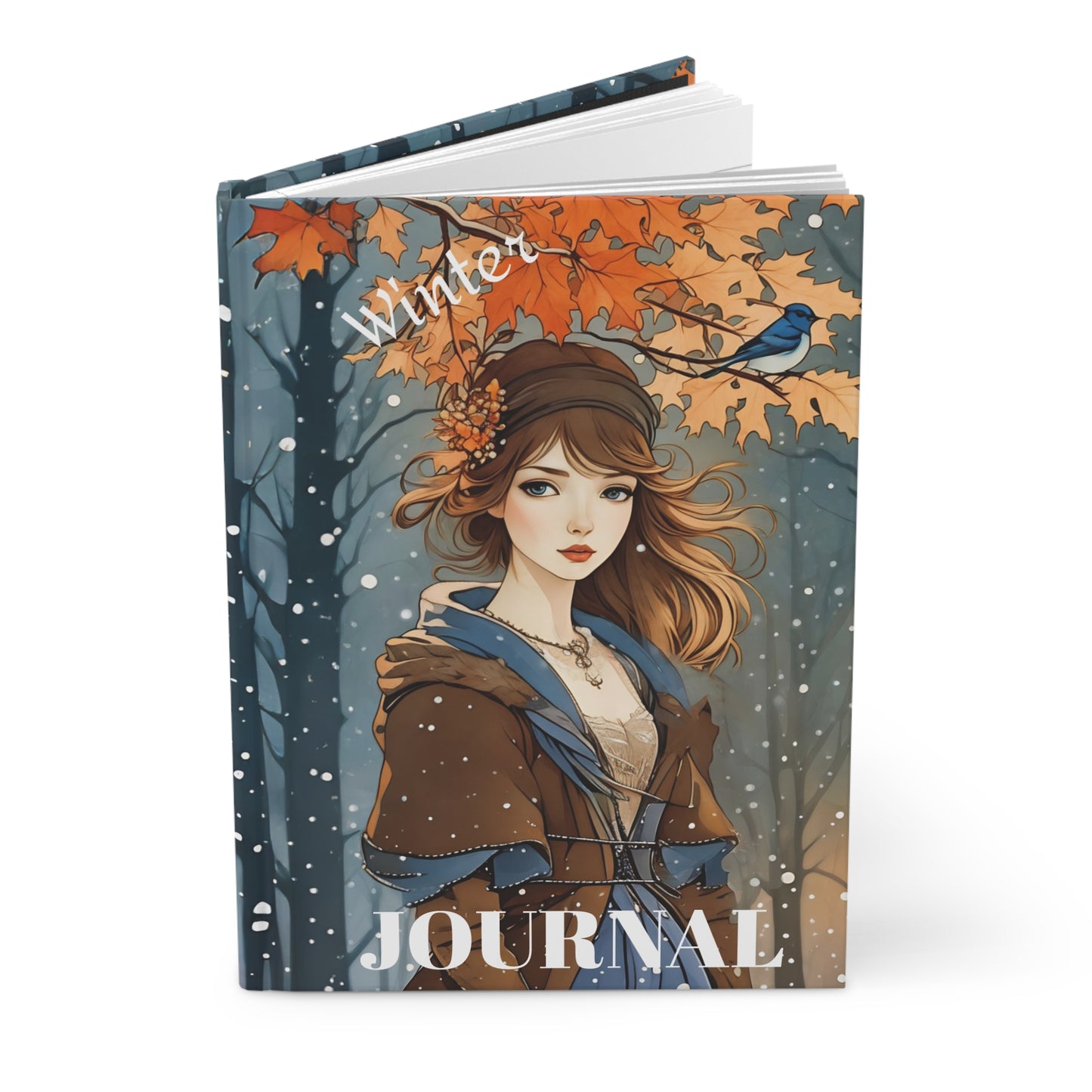 Hardcover Journal Matte - Blue Bird and Girl Fall to Winter Transition Art