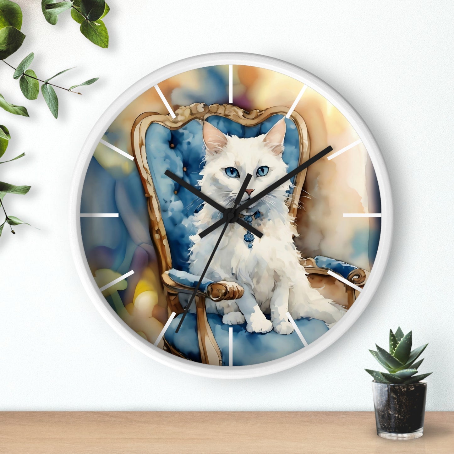 Wall Clock - White Cat with Blue Eyes Art by Fairy Hill Studio