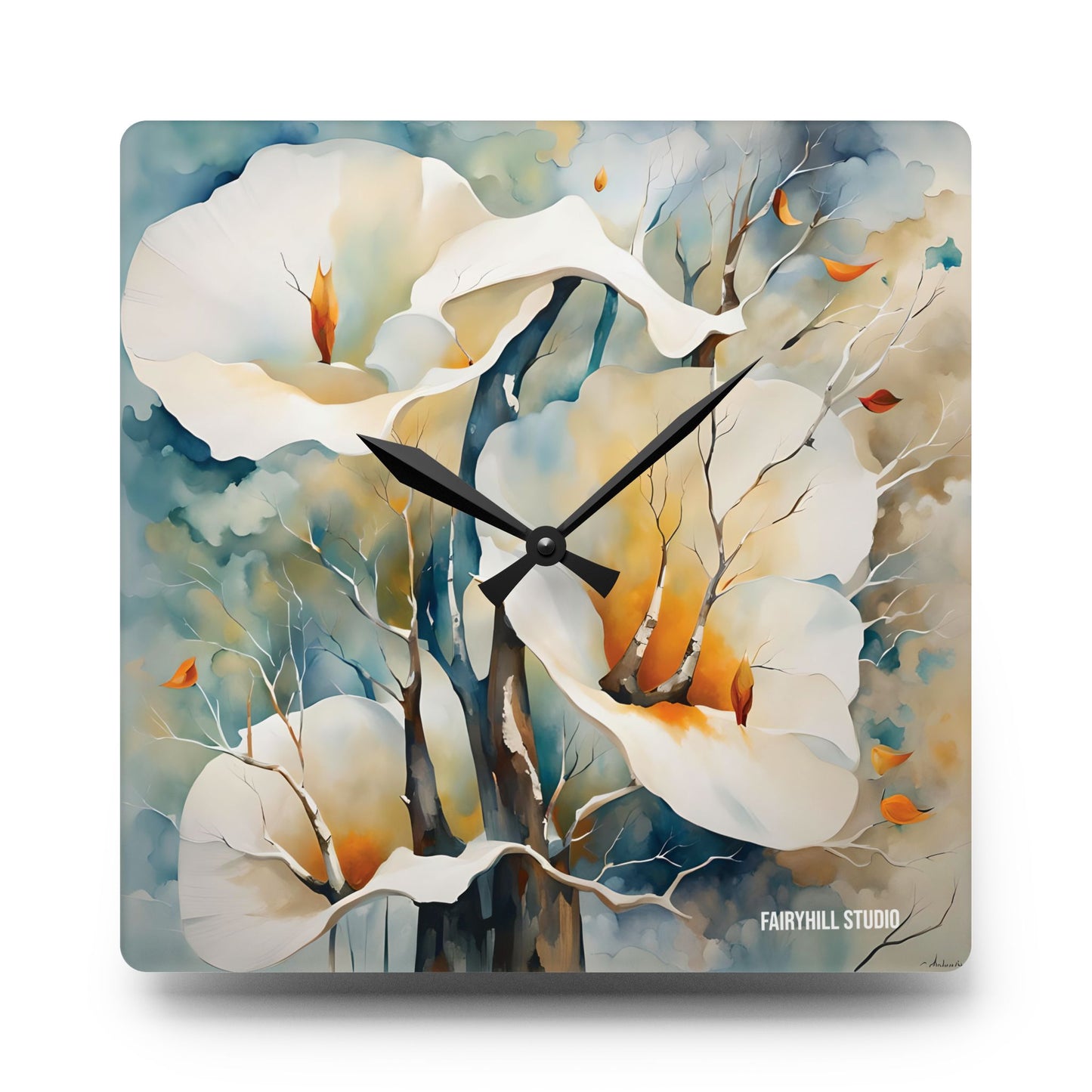 Floral Acrylic Wall Clock - White Calla Lilies Watercolor Art