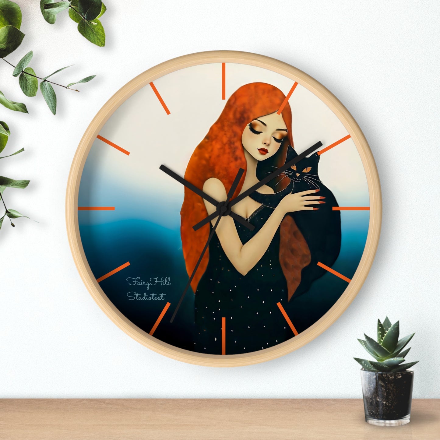 Whimsical Cat Embrace Wall Clock, Boho Home Decor, Cat Lover Gift, Cozy Living Room Accessory, Unique Cat Artwork