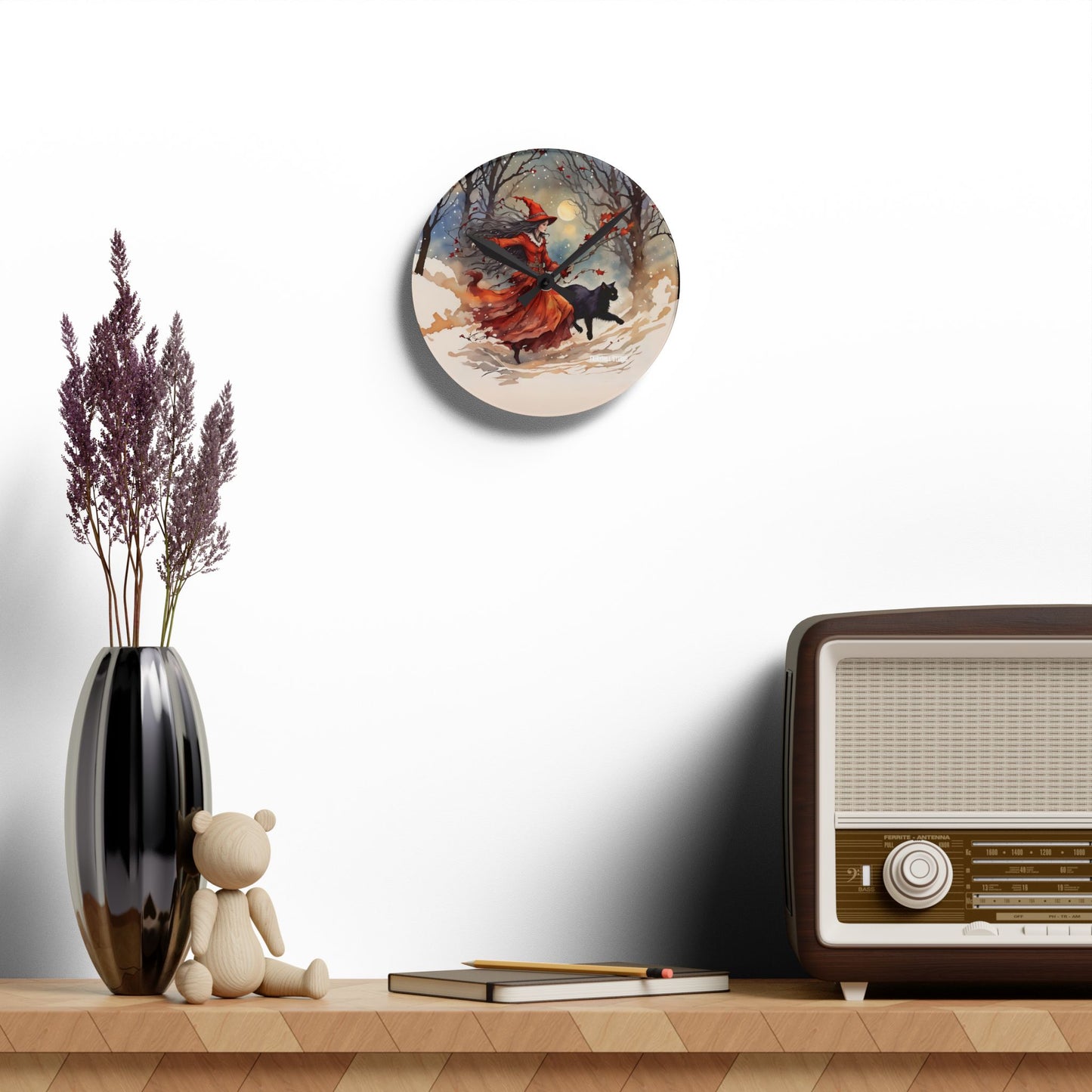 Acrylic Wall ClockThe  Crimson Witch  and  black cat /Art