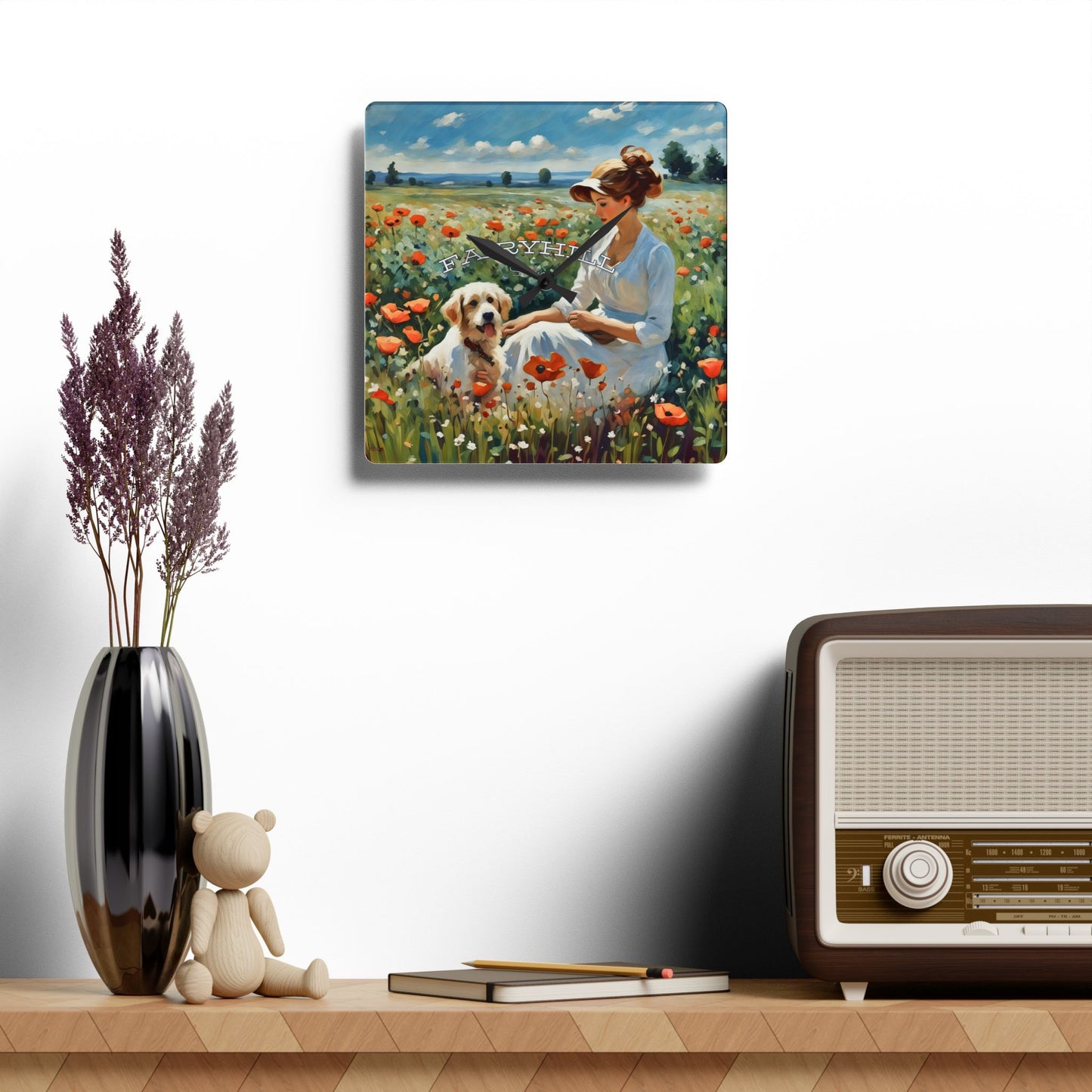 Acrylic Wall Clock - Lady with Dog in Flower Field Art by Fairyhill Studio