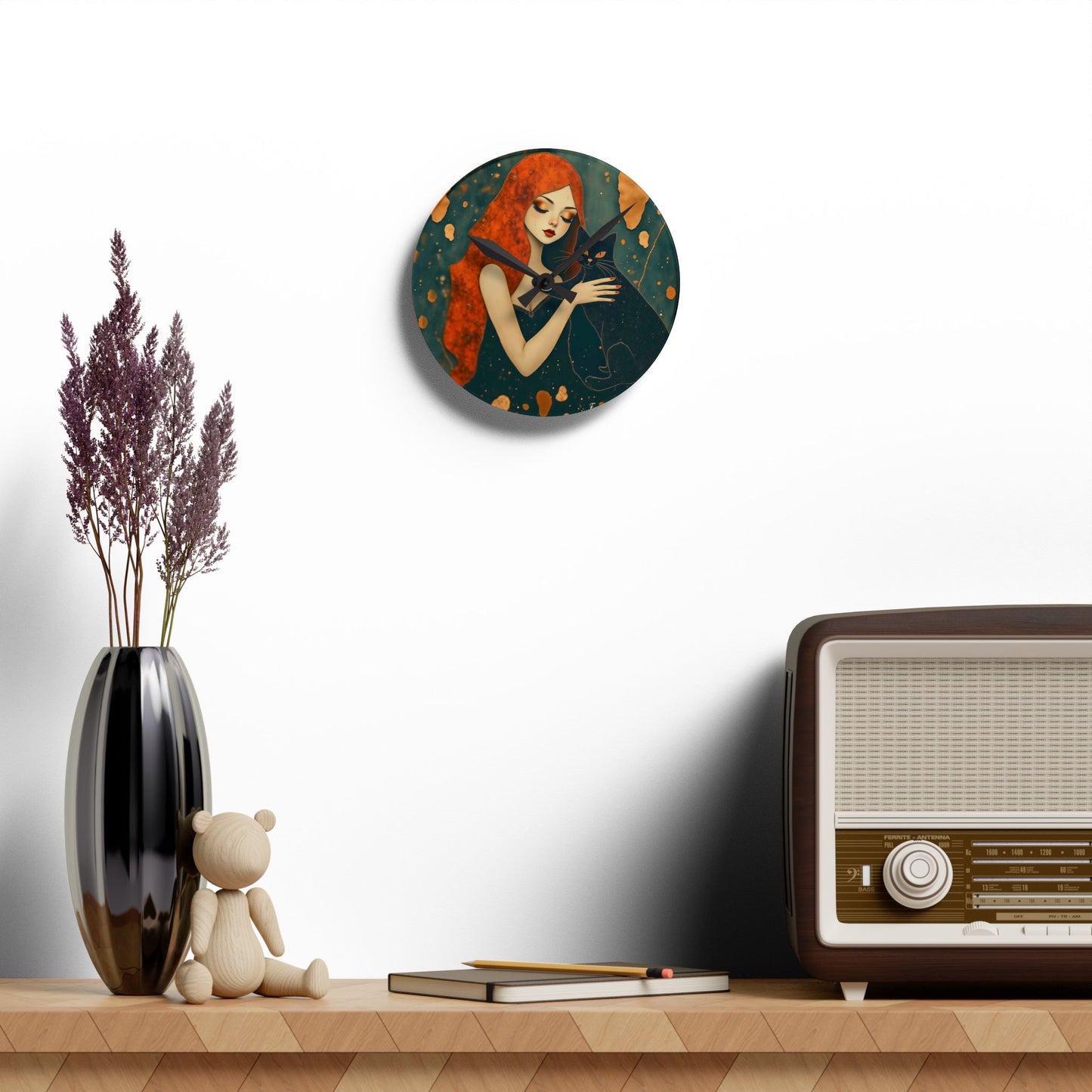 The Witching Hour Hug ,Girl with black cat   Wall clock  Gift   Acrylic Wall Clock