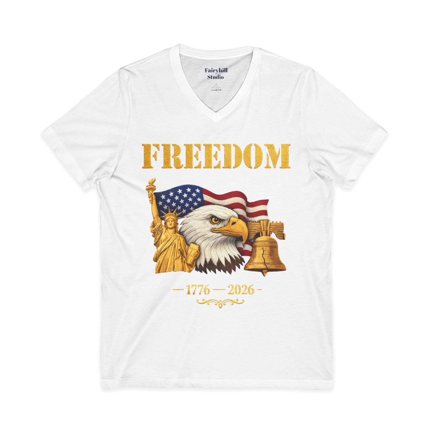 Freedom 1776–2026 Patriotic V-Neck Tee — Eagle, Flag & Liberty Bell 250th Anniversary