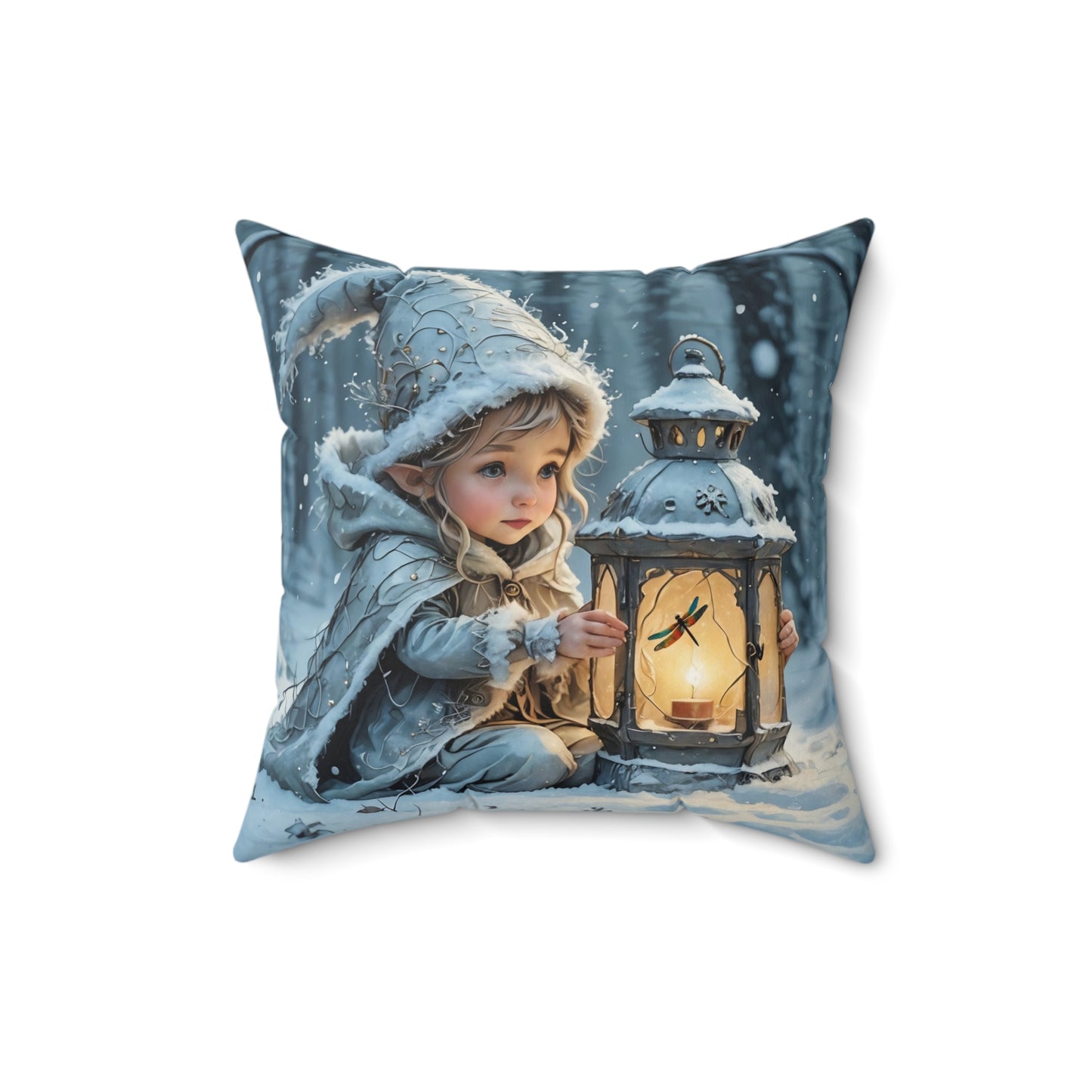 Square Pillow Winter Fairy Elf Dragonfly Lantern Art