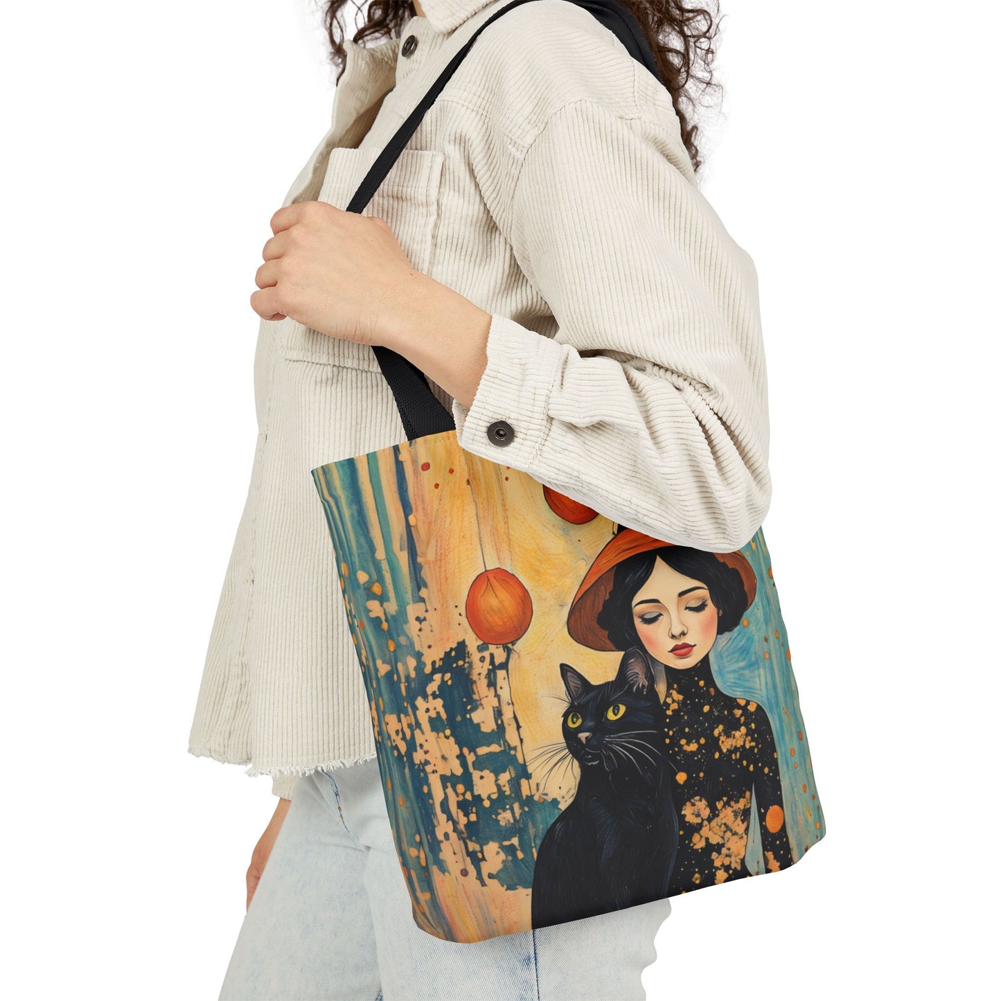 Colorful Witch and black cat-Inspired Canvas Tote Bag - Perfect for Beach Days, Eco-Friendly Shopping, and Summer Fun!