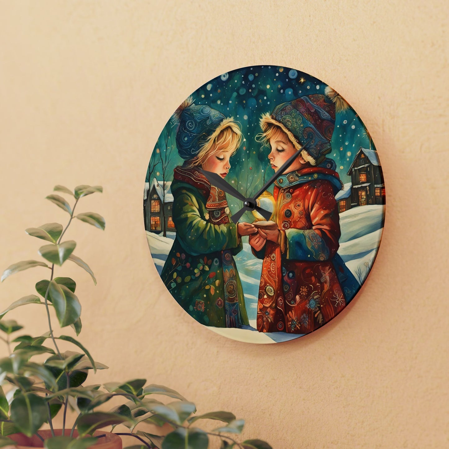 Christmas Acrylic Wall Clock - Art with 2 Children in Snow by Fairyhill Studio
