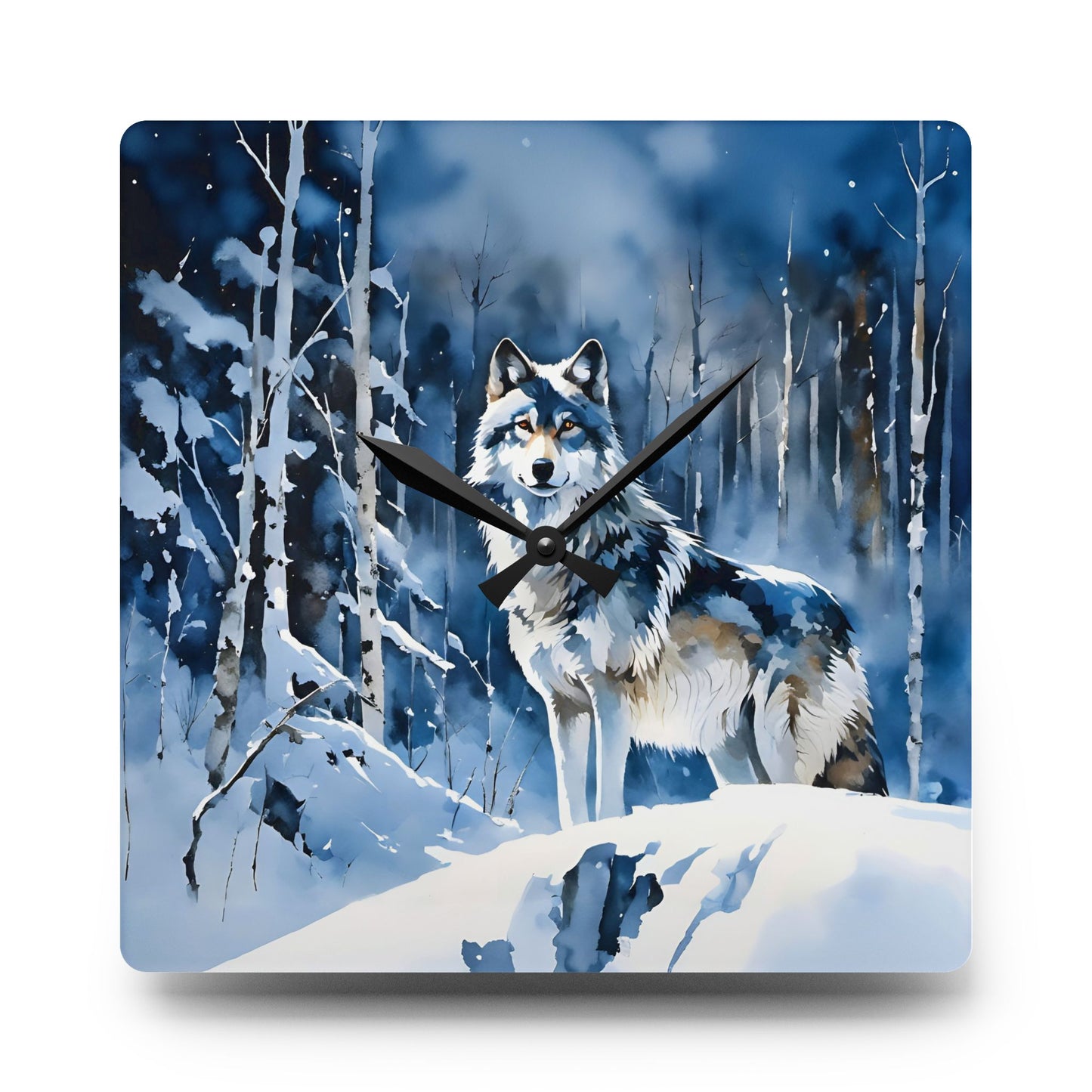Acrylic Wall Clock - Winter Wolf at Night Blue/Black Art by Fairyhill Studio