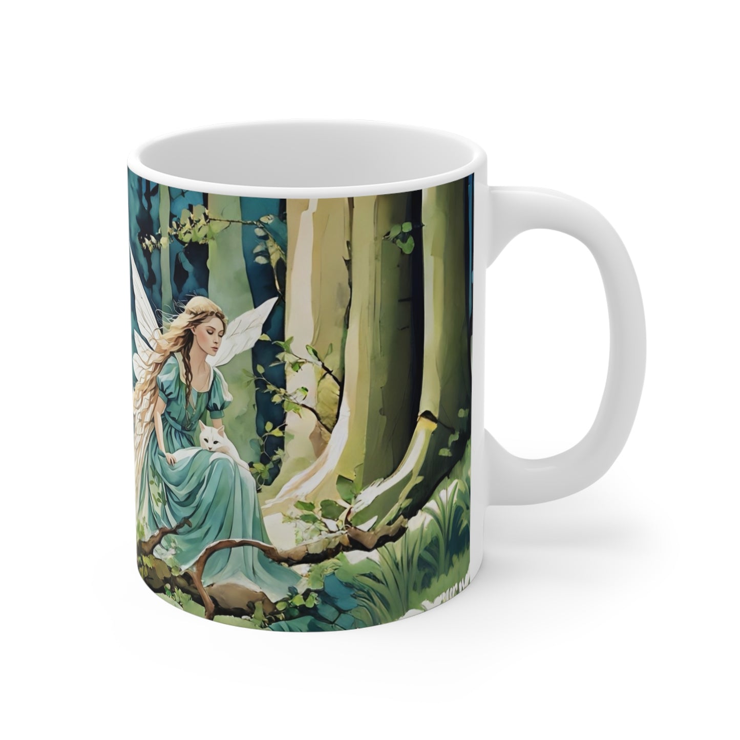 Mug: Angel Fairy and Cat Magical Forest Art by Fairyhill Studio