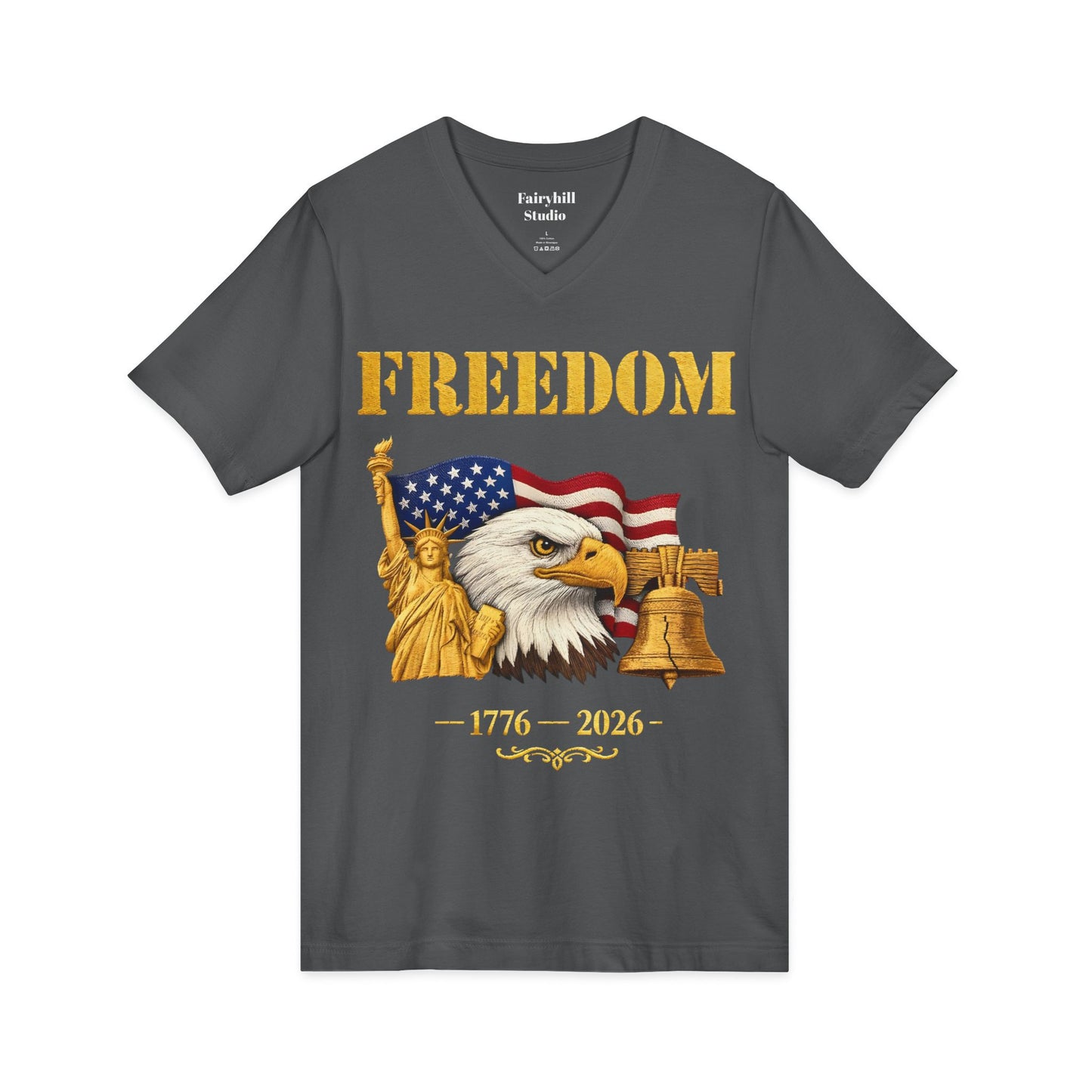 Freedom 1776–2026 Patriotic V-Neck Tee — Eagle, Flag & Liberty Bell 250th Anniversary