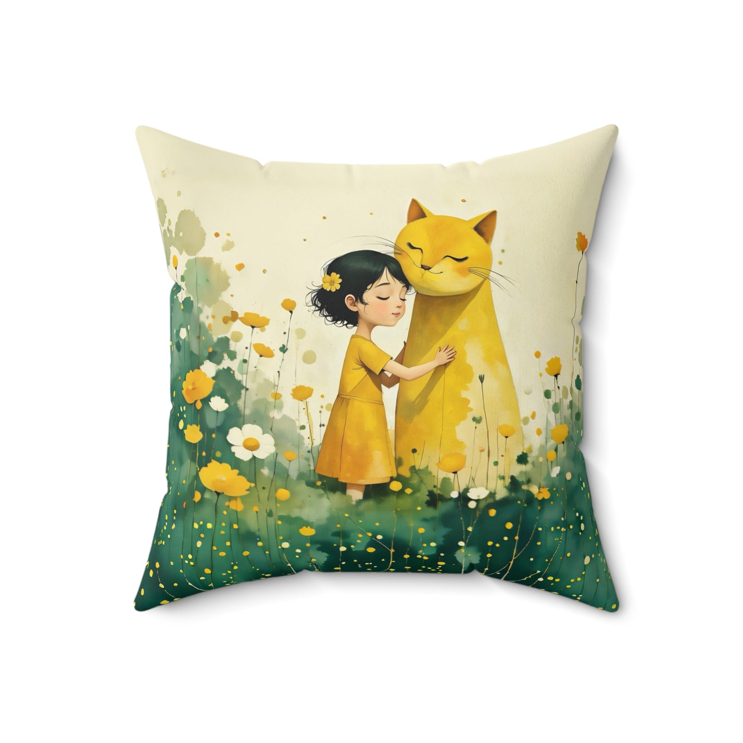 Girl with yellow  cat  Square Pillow - by Fairyhill Studio