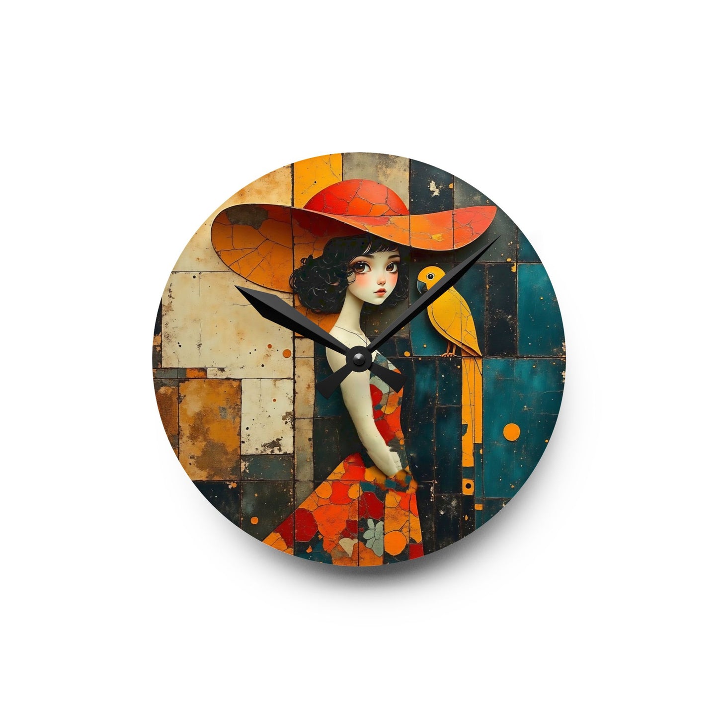 Girl with a yellow parrot Acrylic Wall Clock