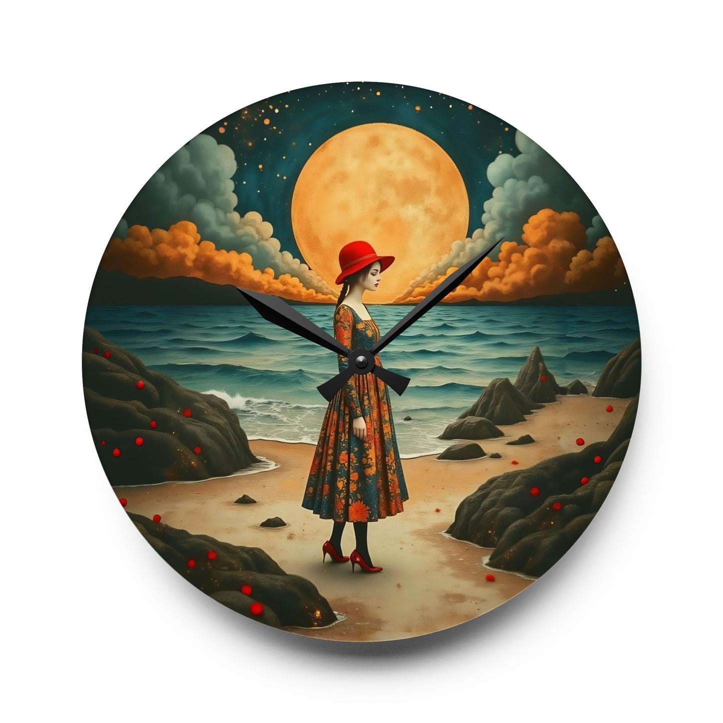 Moon girl with red hat Wall clock  Gift   Acrylic Wall Clock