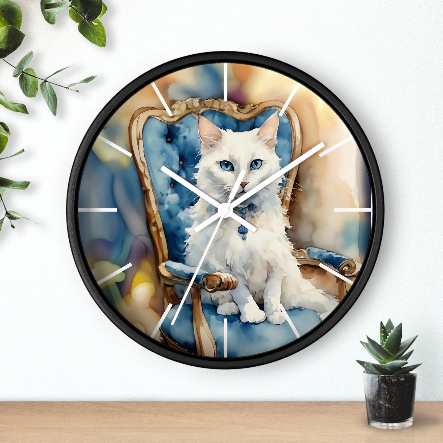 Fairy Hill Studio" White cat "  Wall Clock