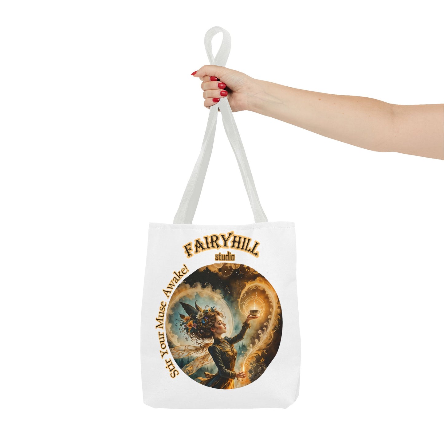 Coffee Fairy Tote Bag - 'Stir your muse awake' Quote Art by Fairyhill Studio
