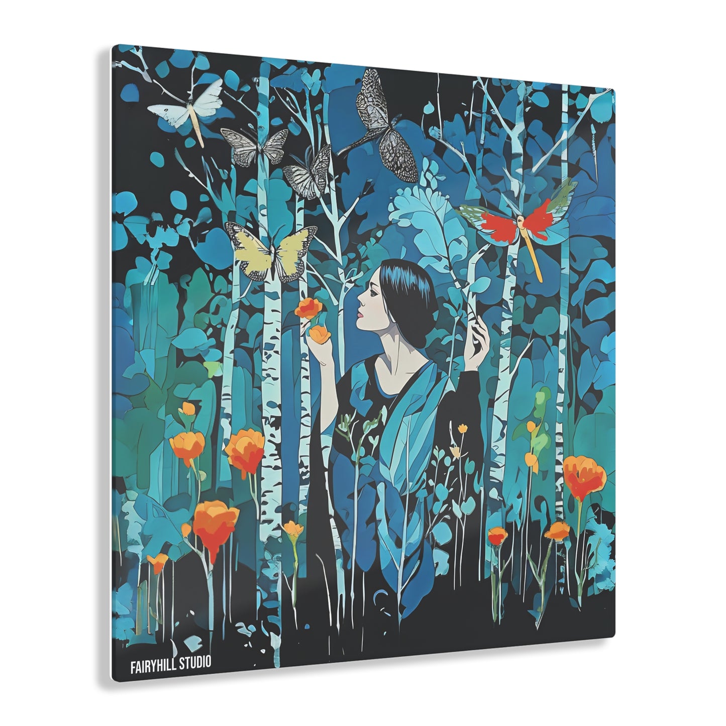 Art Acrylic Prints Woman in night garden with butterflies art