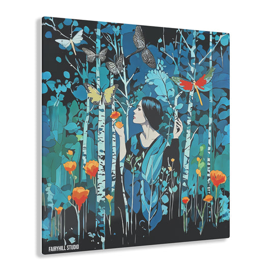 Art Acrylic Prints Woman in night garden with butterflies art