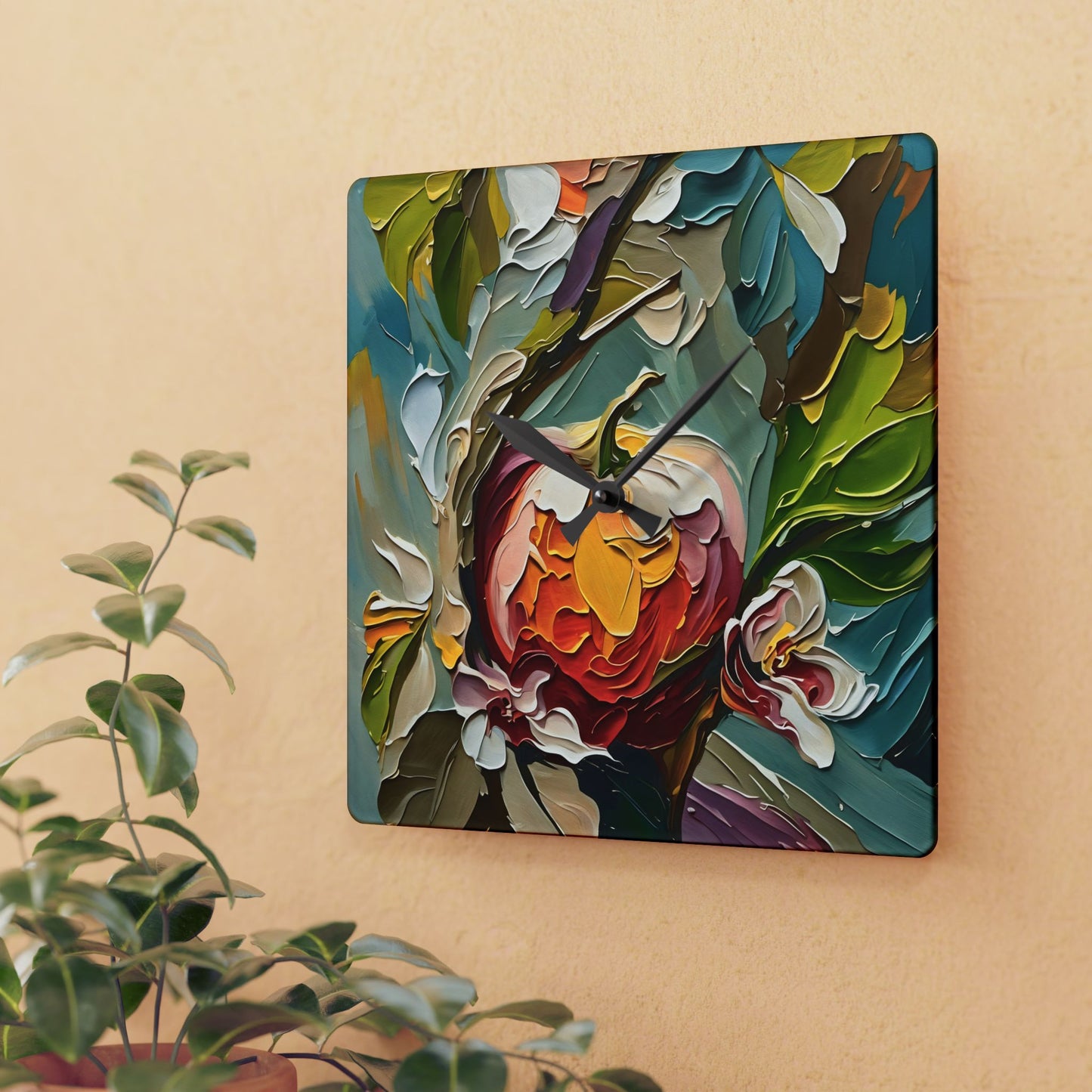 Wall Clock - Apple and Apple Flowers Impasto Art by Fairyhill Studio