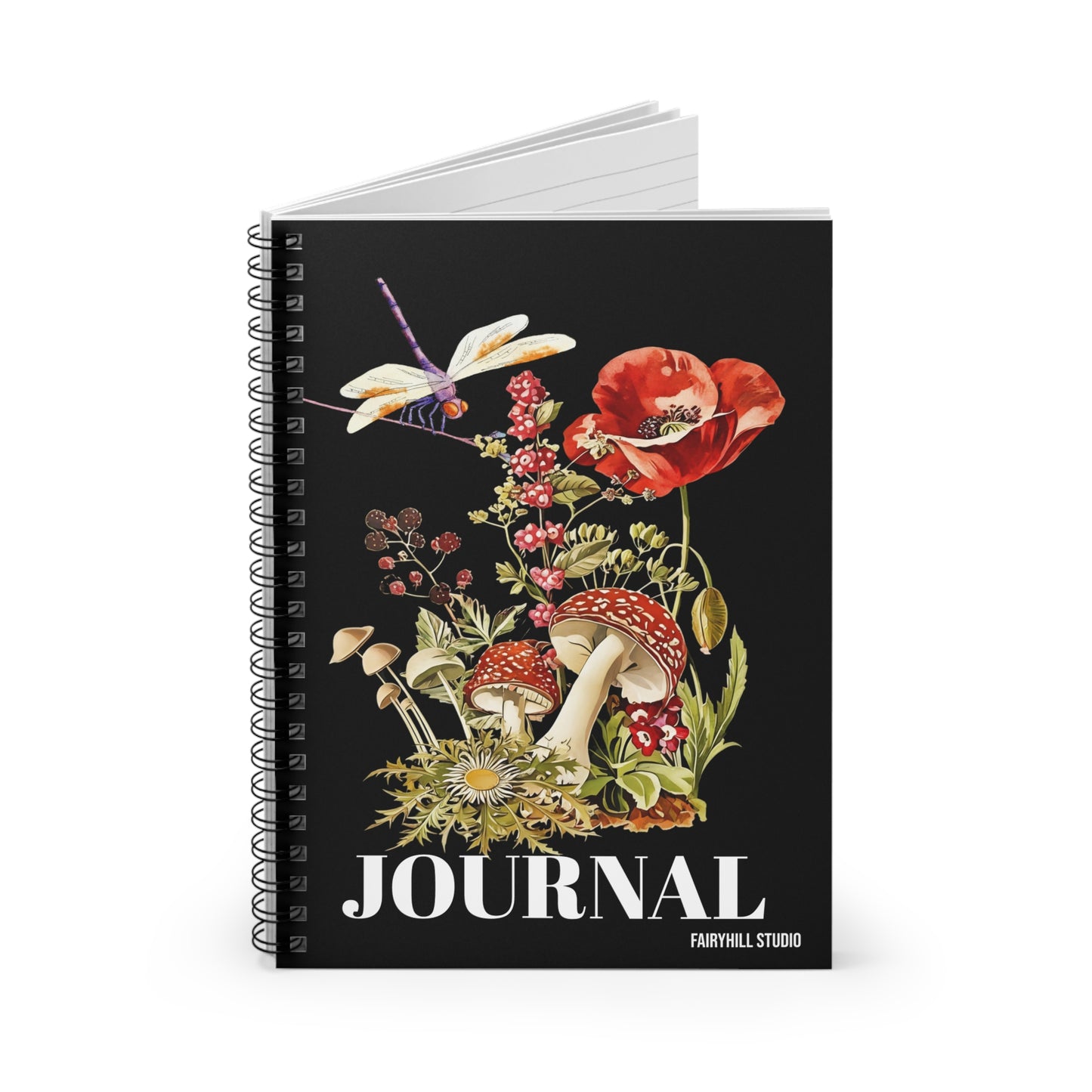 Spiral Notebook -Poppies mushrooms ,wild flowers and a Dragonfly