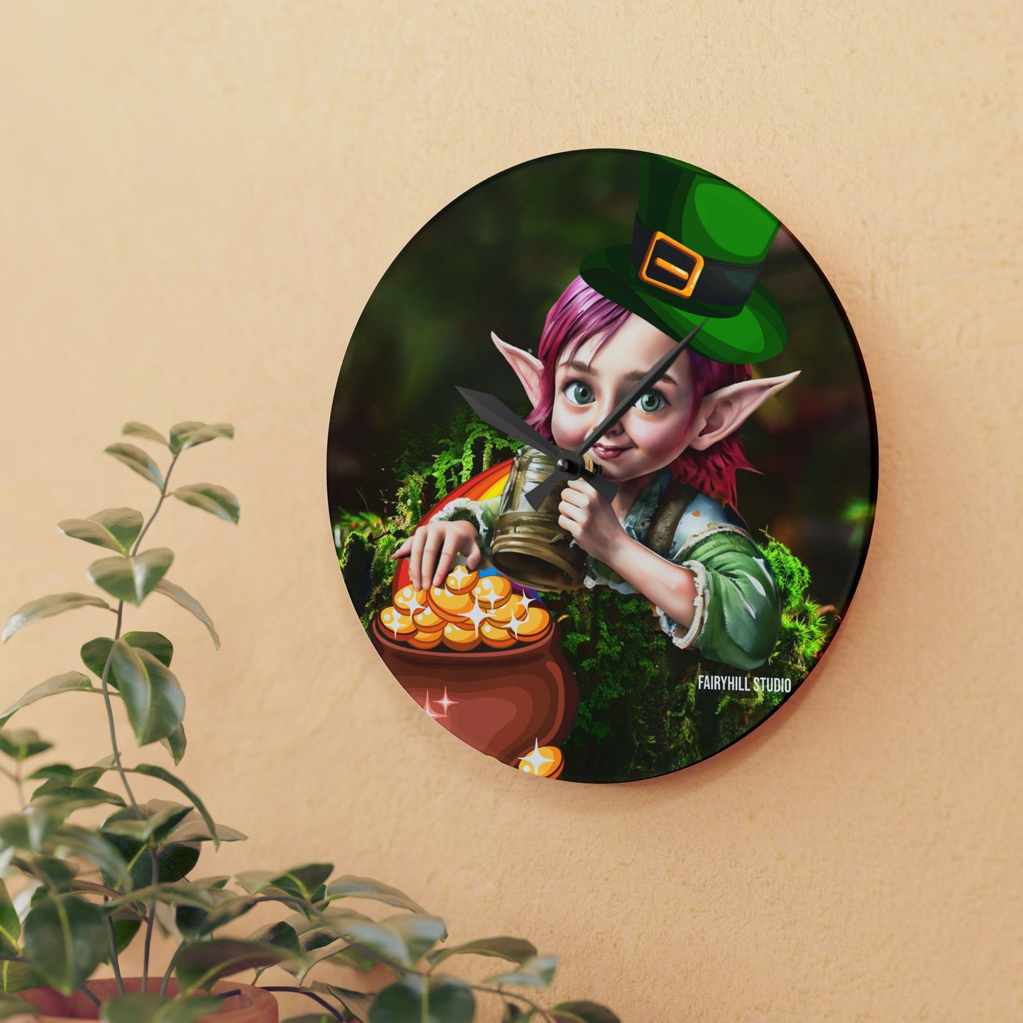 Acrylic Wall Clock Irish Elf with pot of gold/Art